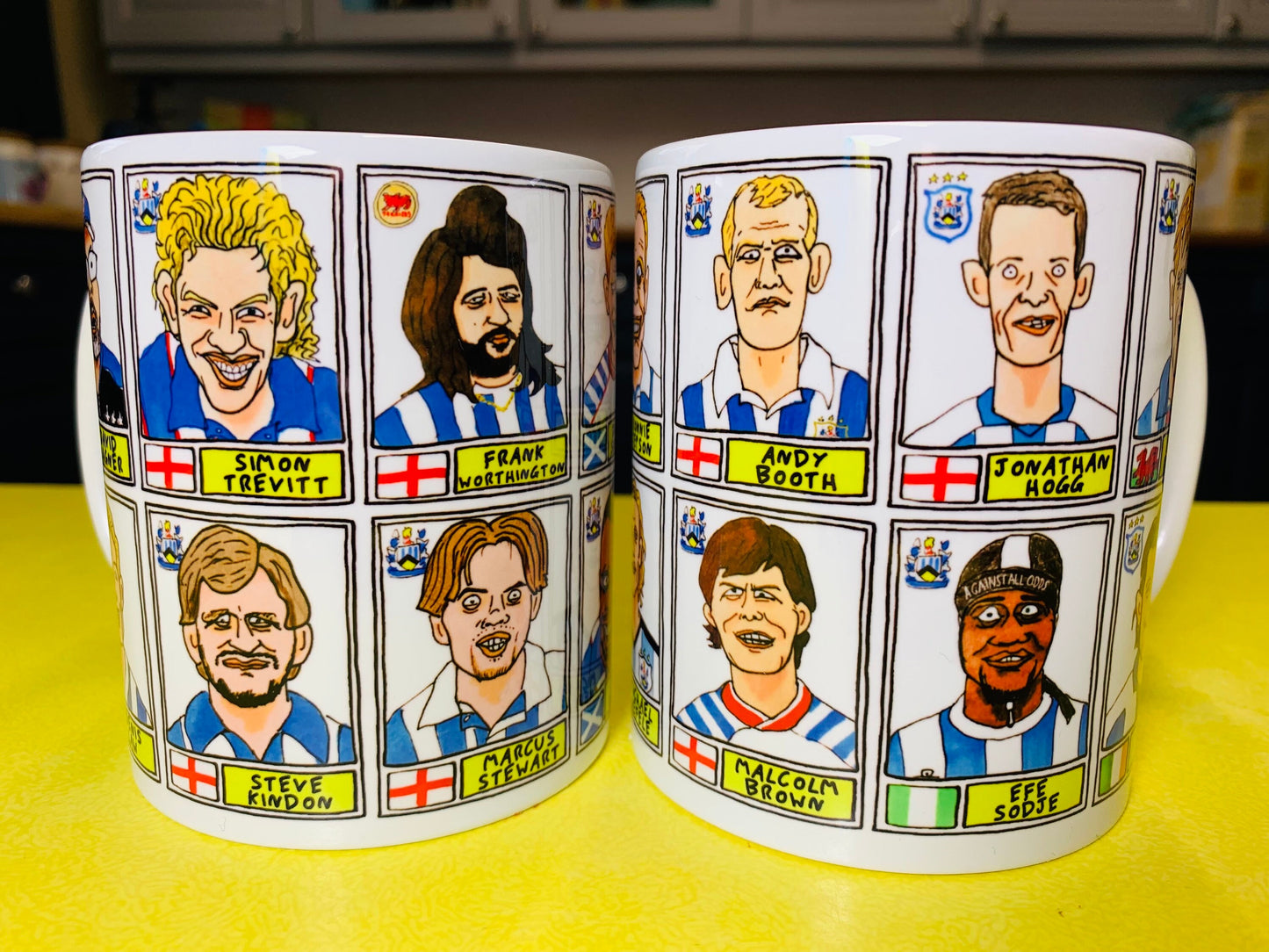 Huddersfield Town No Score Draws Mug Set - Set of TWO 11oz Ceramic Mugs with Wonky Panini sticker-style Terriers No Score Draws Doodles