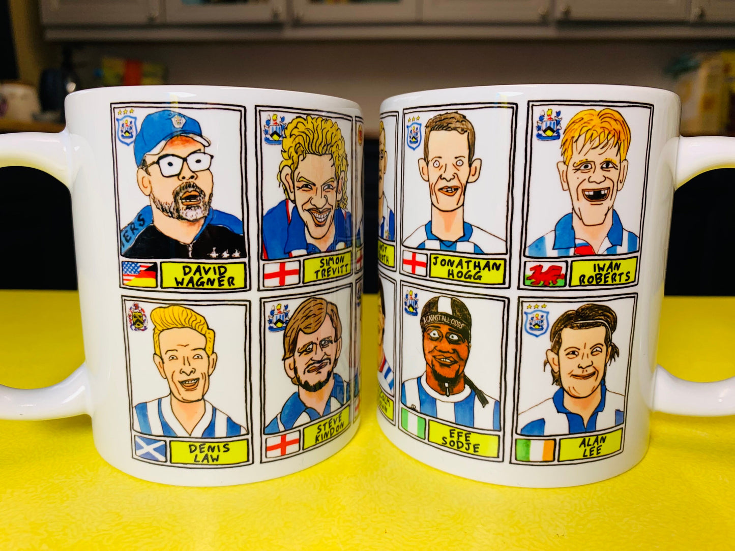 Huddersfield Town No Score Draws Mug Set - Set of TWO 11oz Ceramic Mugs with Wonky Panini sticker-style Terriers No Score Draws Doodles