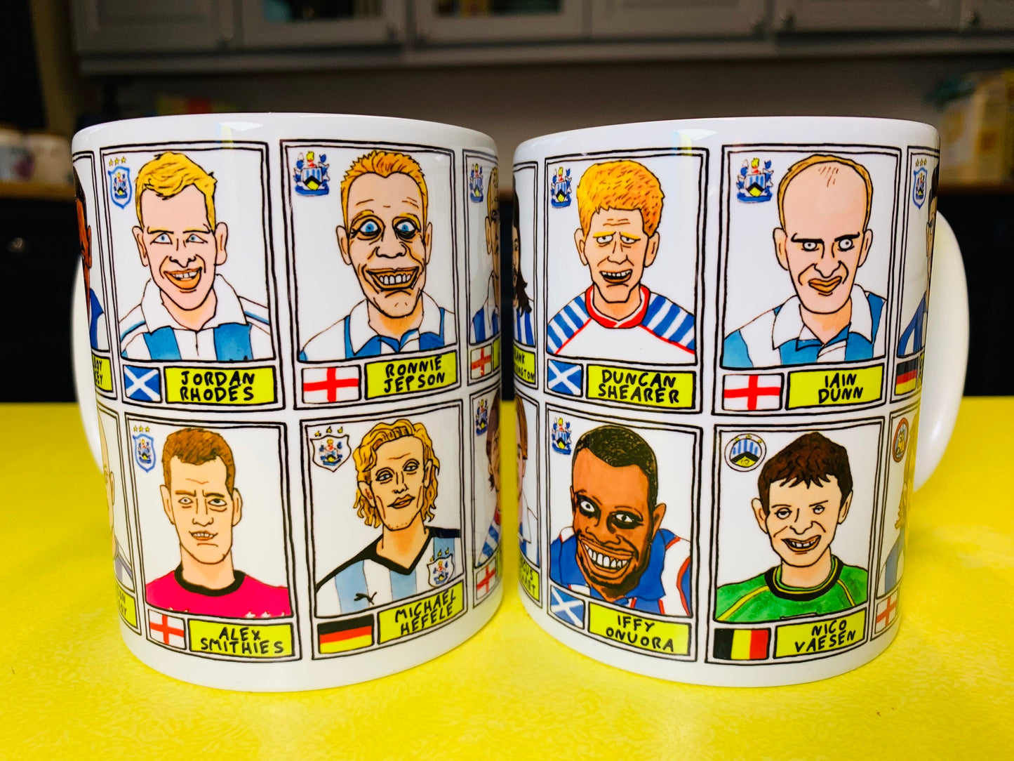 Huddersfield Town No Score Draws Mug Set - Set of TWO 11oz Ceramic Mugs with Wonky Panini sticker-style Terriers No Score Draws Doodles