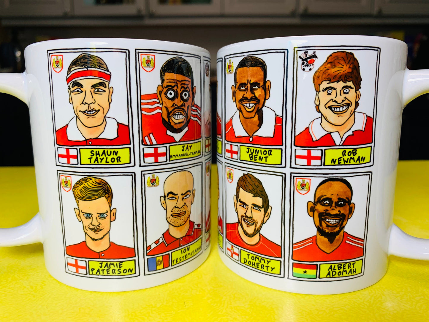 Bristol City No Score Draws Mug Set - Set of TWO 11oz Ceramic Mugs with Wonky Panini sticker-style No Score Draws Doodles of BCFC icons