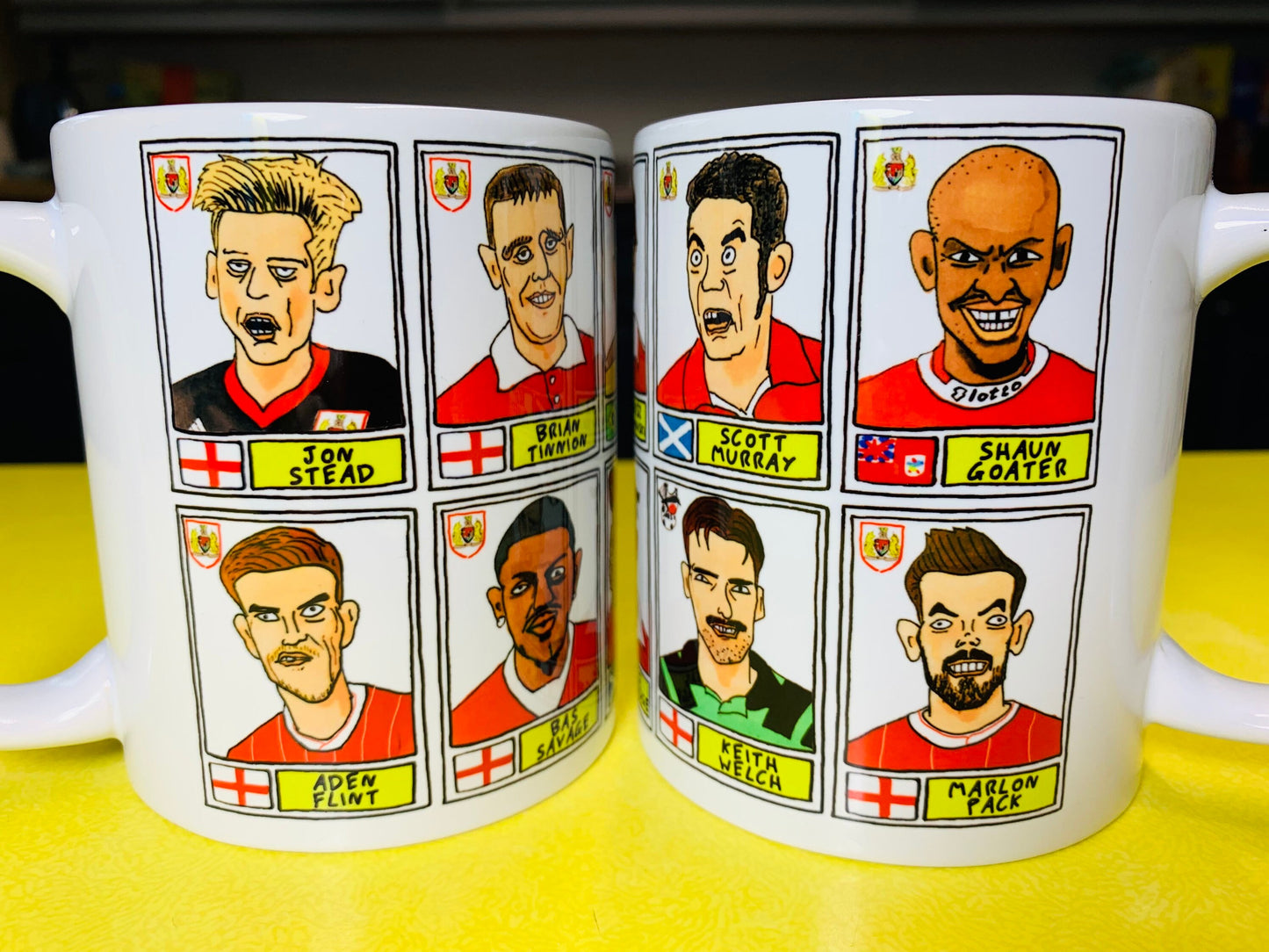 Bristol City No Score Draws Mug Set - Set of TWO 11oz Ceramic Mugs with Wonky Panini sticker-style No Score Draws Doodles of BCFC icons