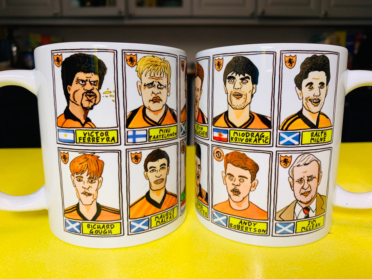 Dundee United No Score Draws Mug Set - Set of TWO 11oz Ceramic Mugs with Wonky Panini sticker-style DUFC Terrors No Score Draws Doodles