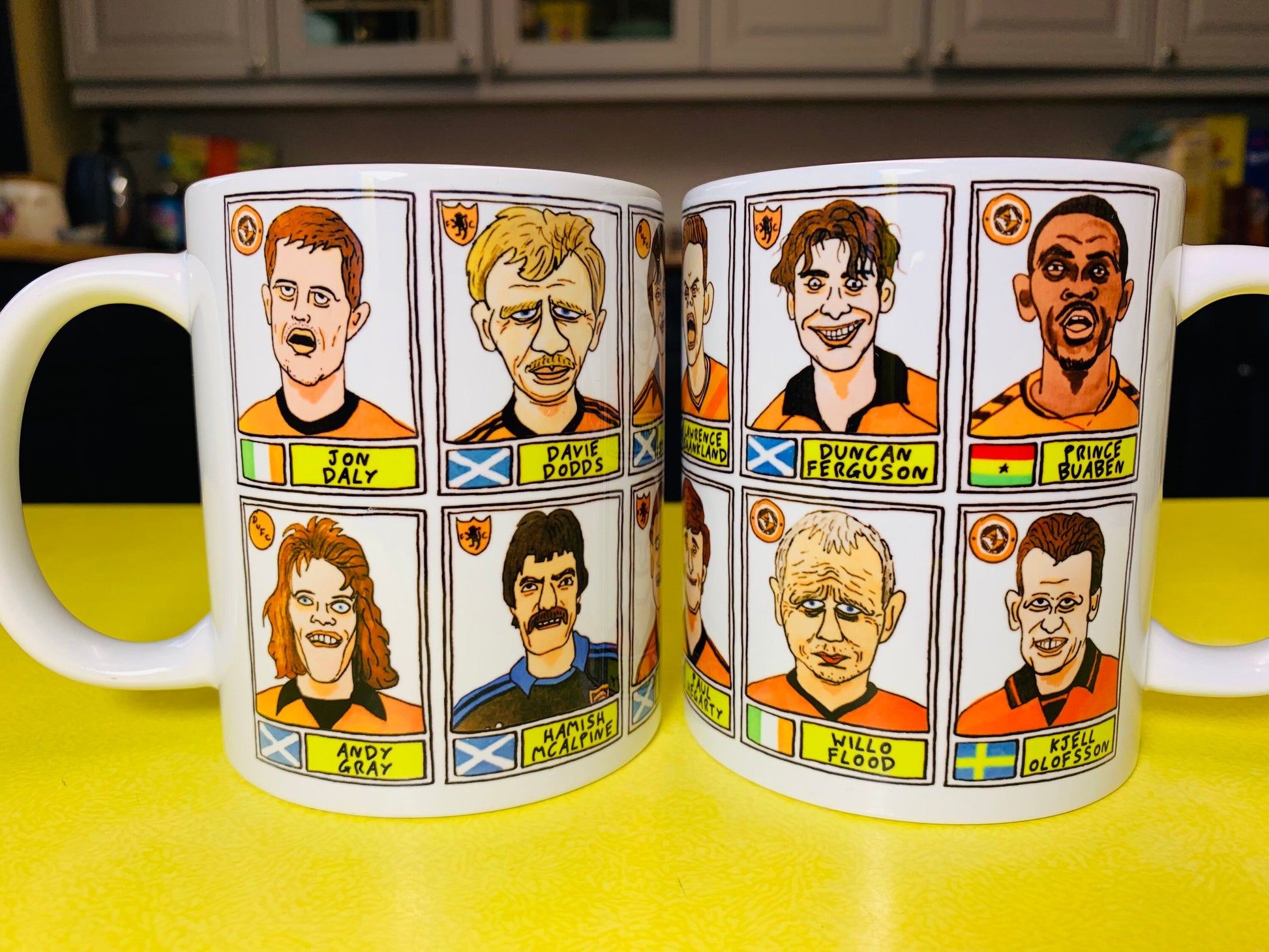 Dundee United No Score Draws Mug Set - Set of TWO 11oz Ceramic Mugs with Wonky Panini sticker-style DUFC Terrors No Score Draws Doodles