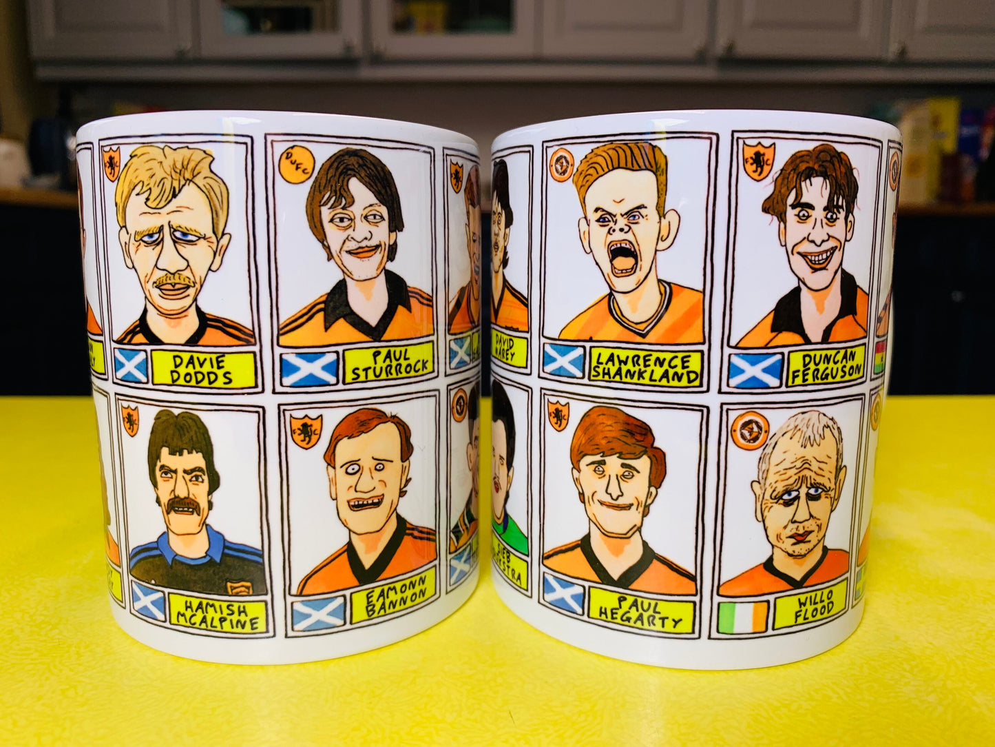 Dundee United No Score Draws Mug Set - Set of TWO 11oz Ceramic Mugs with Wonky Panini sticker-style DUFC Terrors No Score Draws Doodles