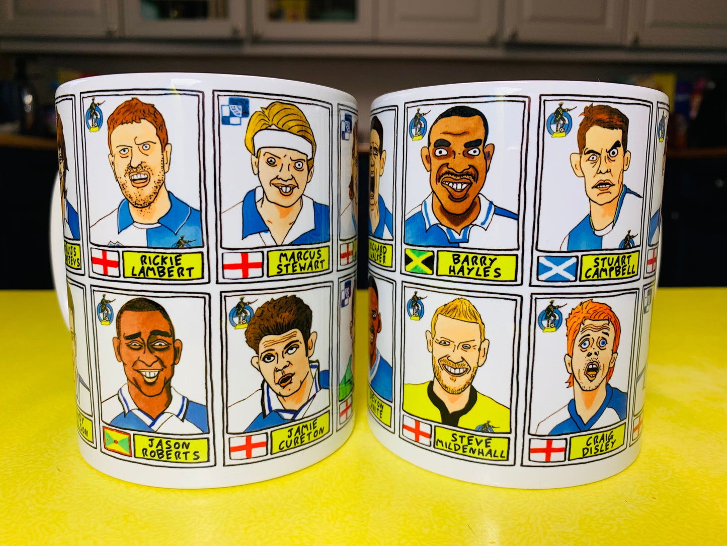 Bristol Rovers No Score Draws Mug Set - Set of TWO 11oz Ceramic Mugs with Wonky Panini sticker-style BRFC Gas No Score Draws Doodles