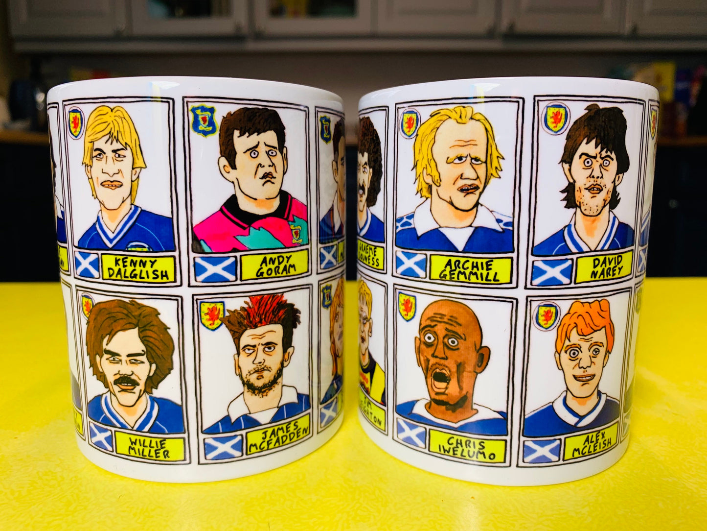 Scotland No Score Draws Mug Set - Set of TWO 11oz Ceramic Mugs with Wonky Panini-style No Score Draws Doodles of 24 Scottish Fitba icons