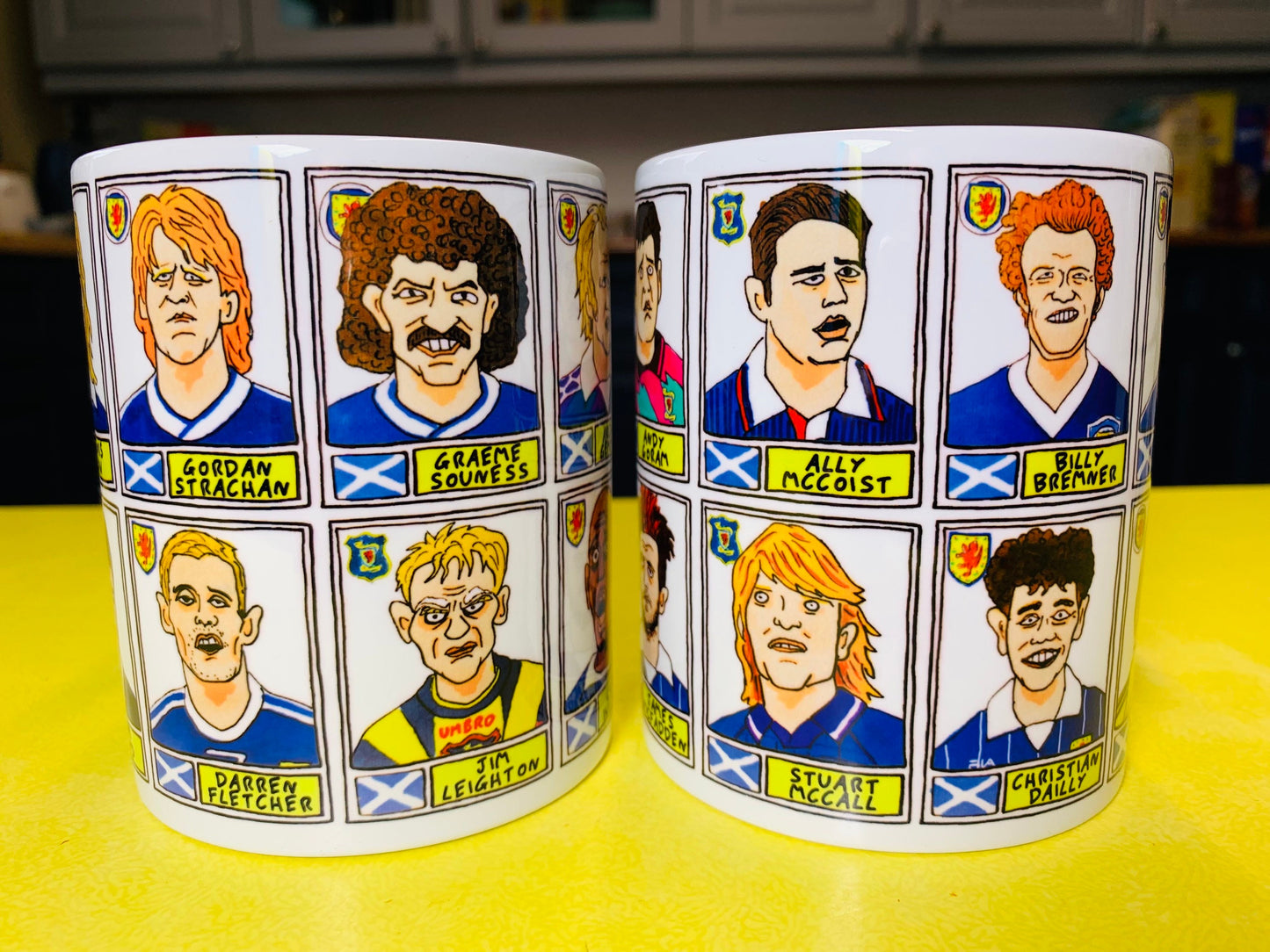 Scotland No Score Draws Mug Set - Set of TWO 11oz Ceramic Mugs with Wonky Panini-style No Score Draws Doodles of 24 Scottish Fitba icons