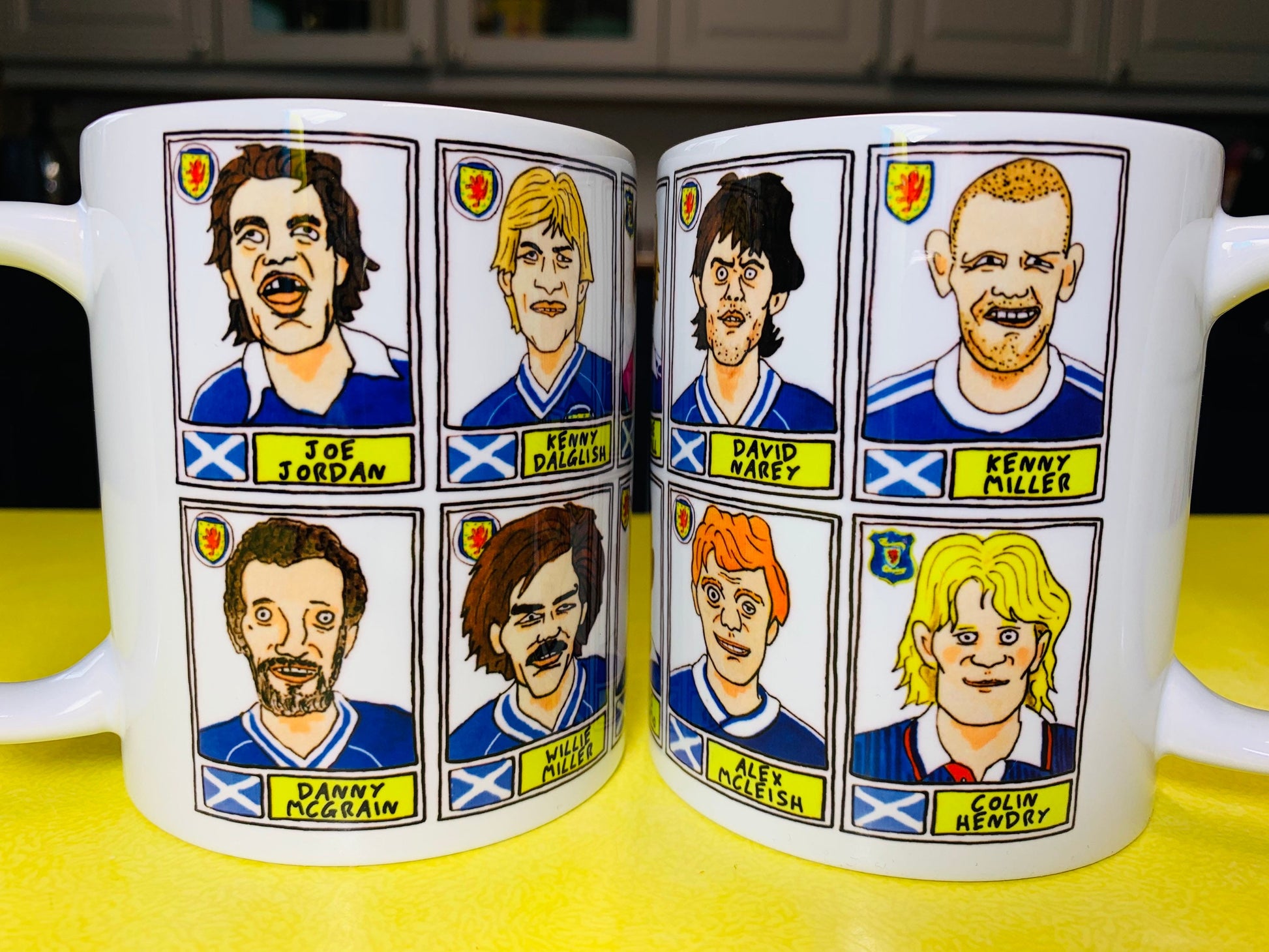 Scotland No Score Draws Mug Set - Set of TWO 11oz Ceramic Mugs with Wonky Panini-style No Score Draws Doodles of 24 Scottish Fitba icons