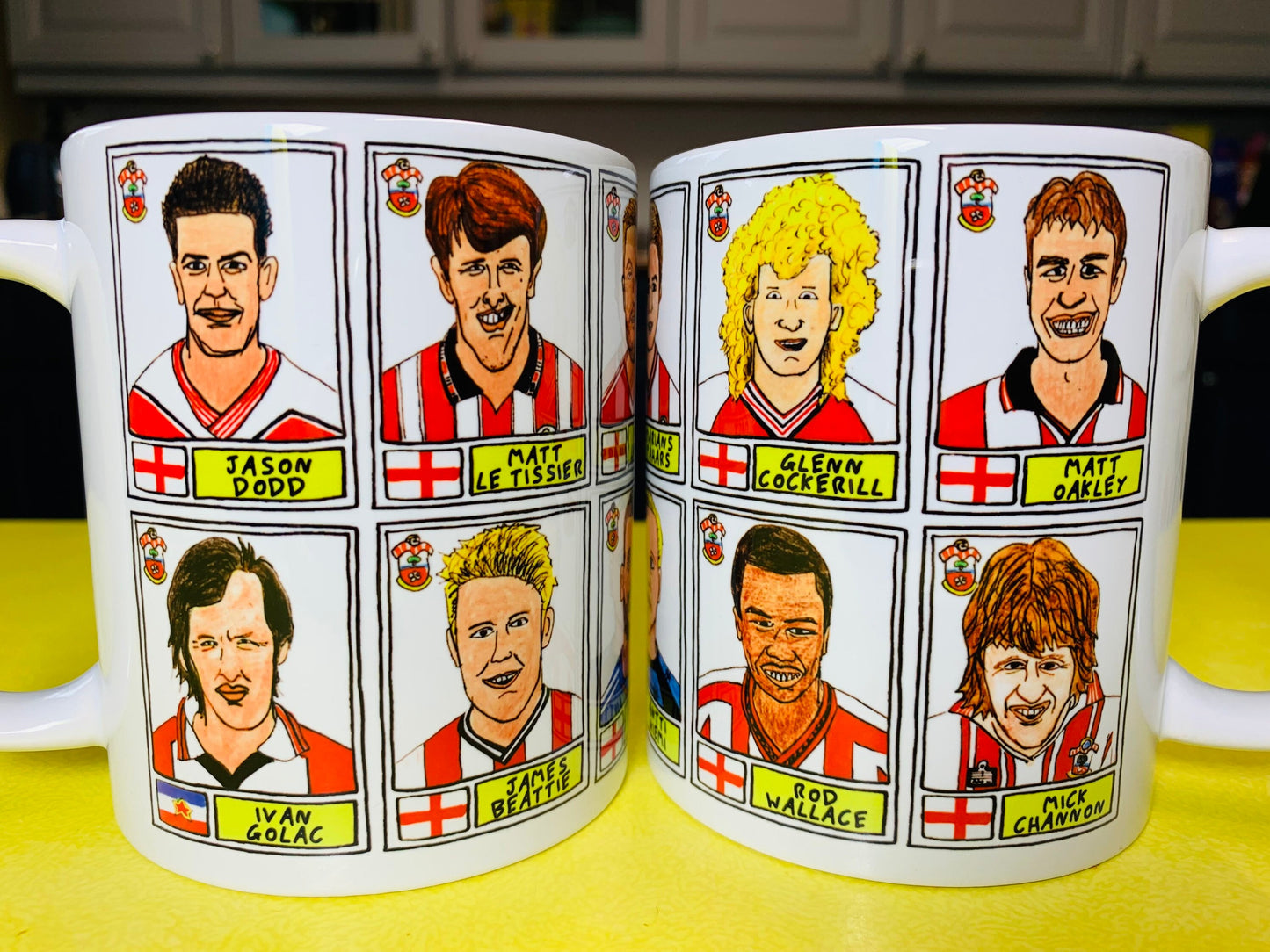 Southampton - Set of TWO 11oz Ceramic Mugs with Wonky Panini sticker-style No Score Draws Doodles of 24 Saints icons