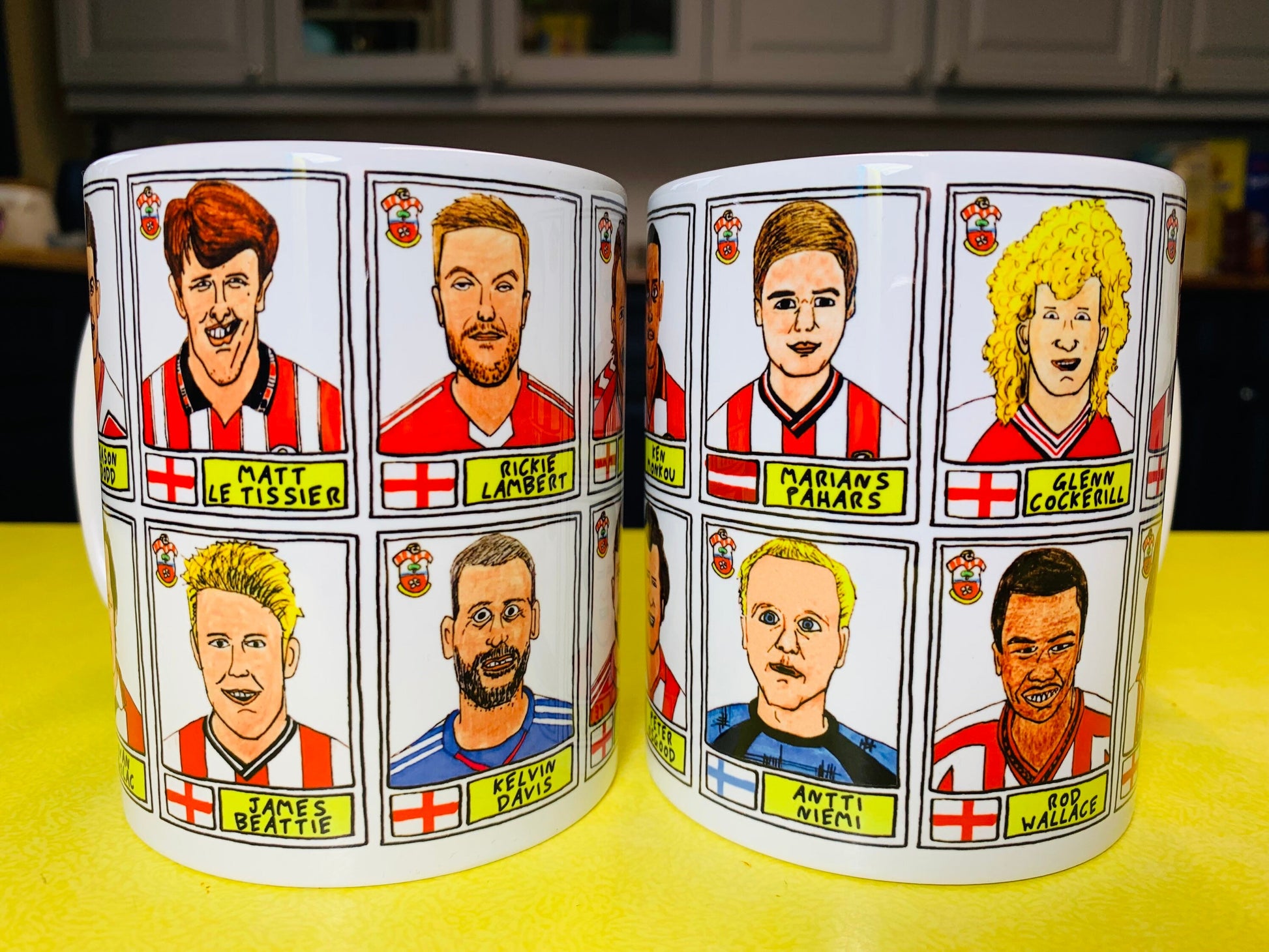 Southampton - Set of TWO 11oz Ceramic Mugs with Wonky Panini sticker-style No Score Draws Doodles of 24 Saints icons