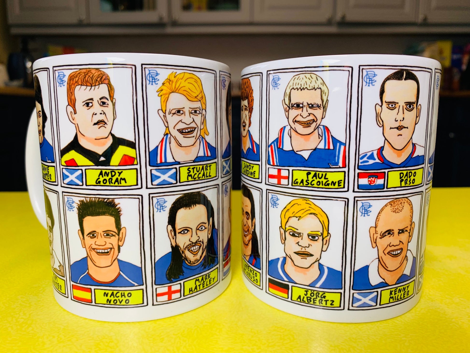 Rangers Volume 1 No Score Draws Mug Set - Set of TWO 11oz Ceramic Mugs with Wonky Panini sticker-style Rangers FC No Score Draws Doodles