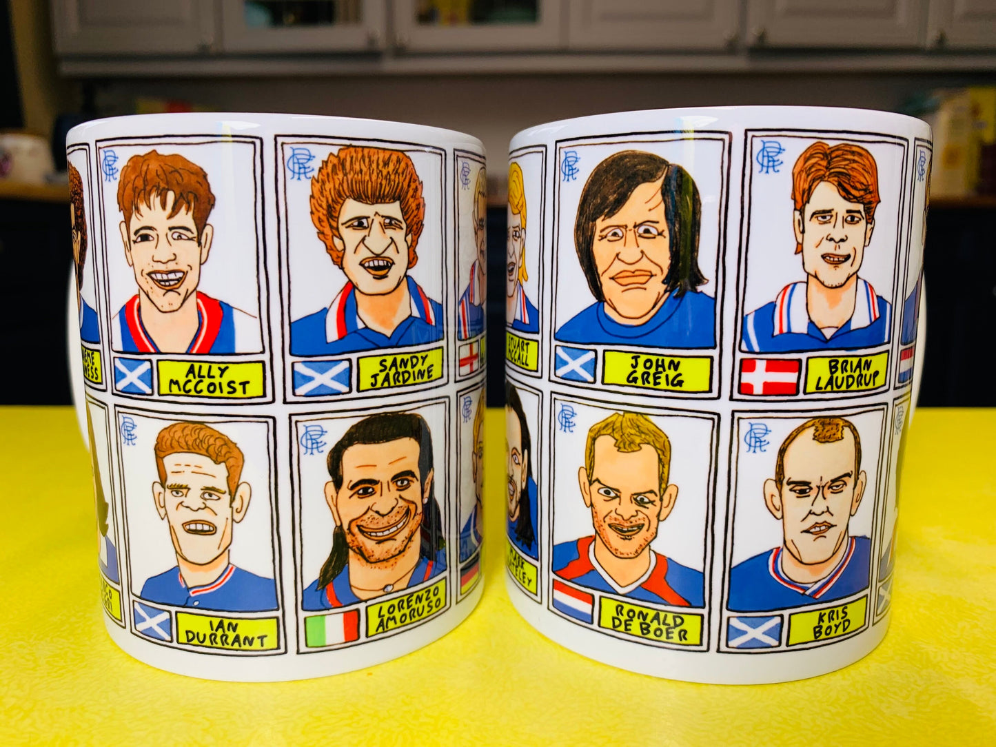 Rangers Volume 1 No Score Draws Mug Set - Set of TWO 11oz Ceramic Mugs with Wonky Panini sticker-style Rangers FC No Score Draws Doodles