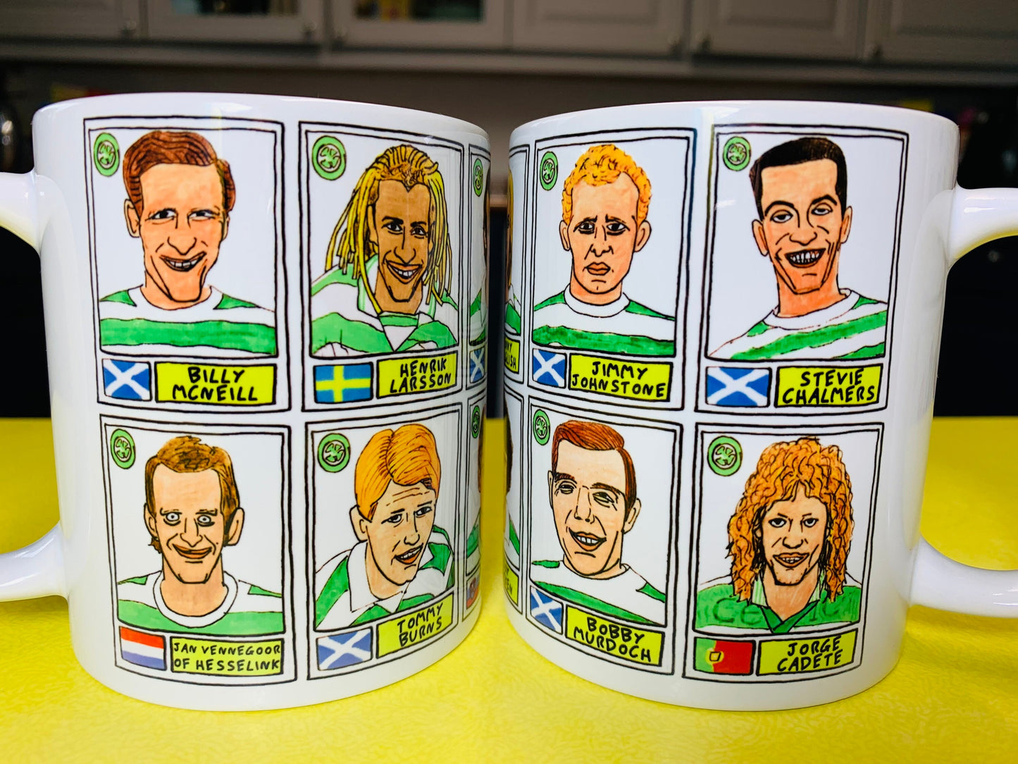 Celtic Volume 1 No Score Draws Mug Set - Set of TWO 11oz Ceramic Mugs with Wonky Panini sticker-style No Score Draws Doodles of Celtic icons