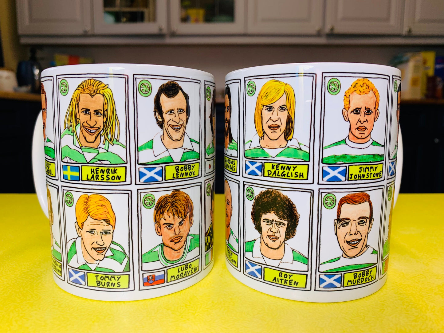 Celtic Volume 1 No Score Draws Mug Set - Set of TWO 11oz Ceramic Mugs with Wonky Panini sticker-style No Score Draws Doodles of Celtic icons