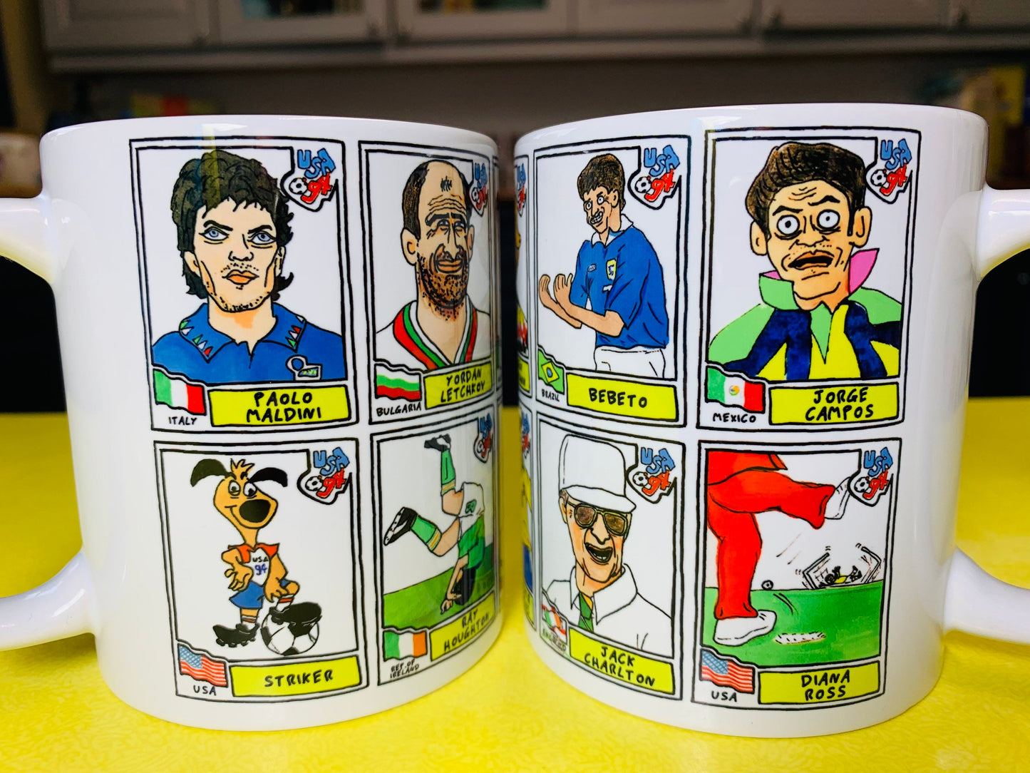 USA '94 No Score Draws Mug Set - Set of TWO 11oz Ceramic Mugs with Wonky Panini sticker-style World USA '94 No Score Draws Doodles