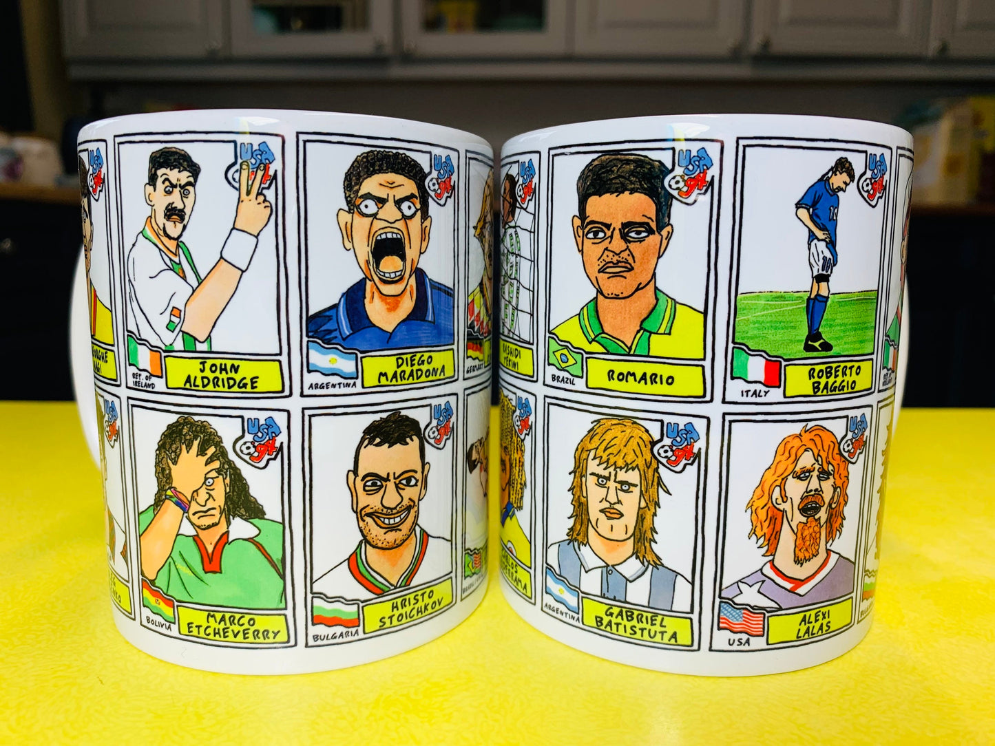 USA '94 No Score Draws Mug Set - Set of TWO 11oz Ceramic Mugs with Wonky Panini sticker-style World USA '94 No Score Draws Doodles