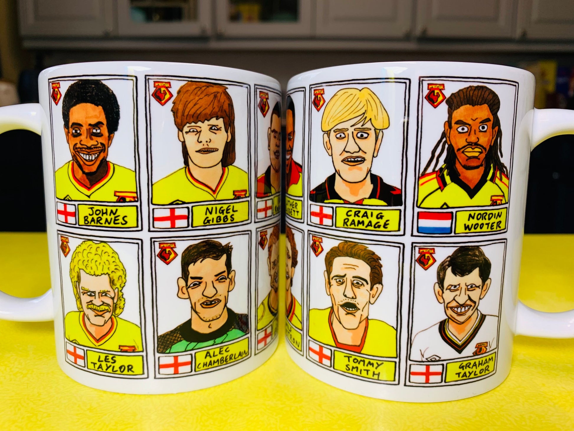 Watford No Score Draws Mug Set - Set of TWO 11oz Ceramic Mugs with Wonky Panini sticker-style Hornets WFC No Score Draws Doodles