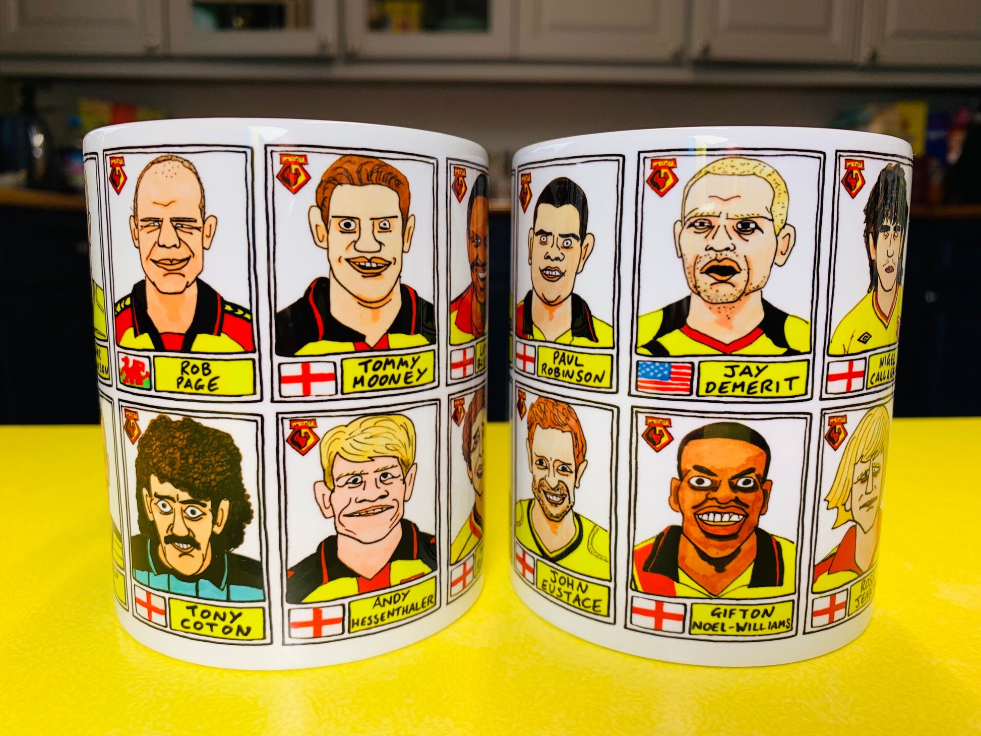 Watford No Score Draws Mug Set - Set of TWO 11oz Ceramic Mugs with Wonky Panini sticker-style Hornets WFC No Score Draws Doodles