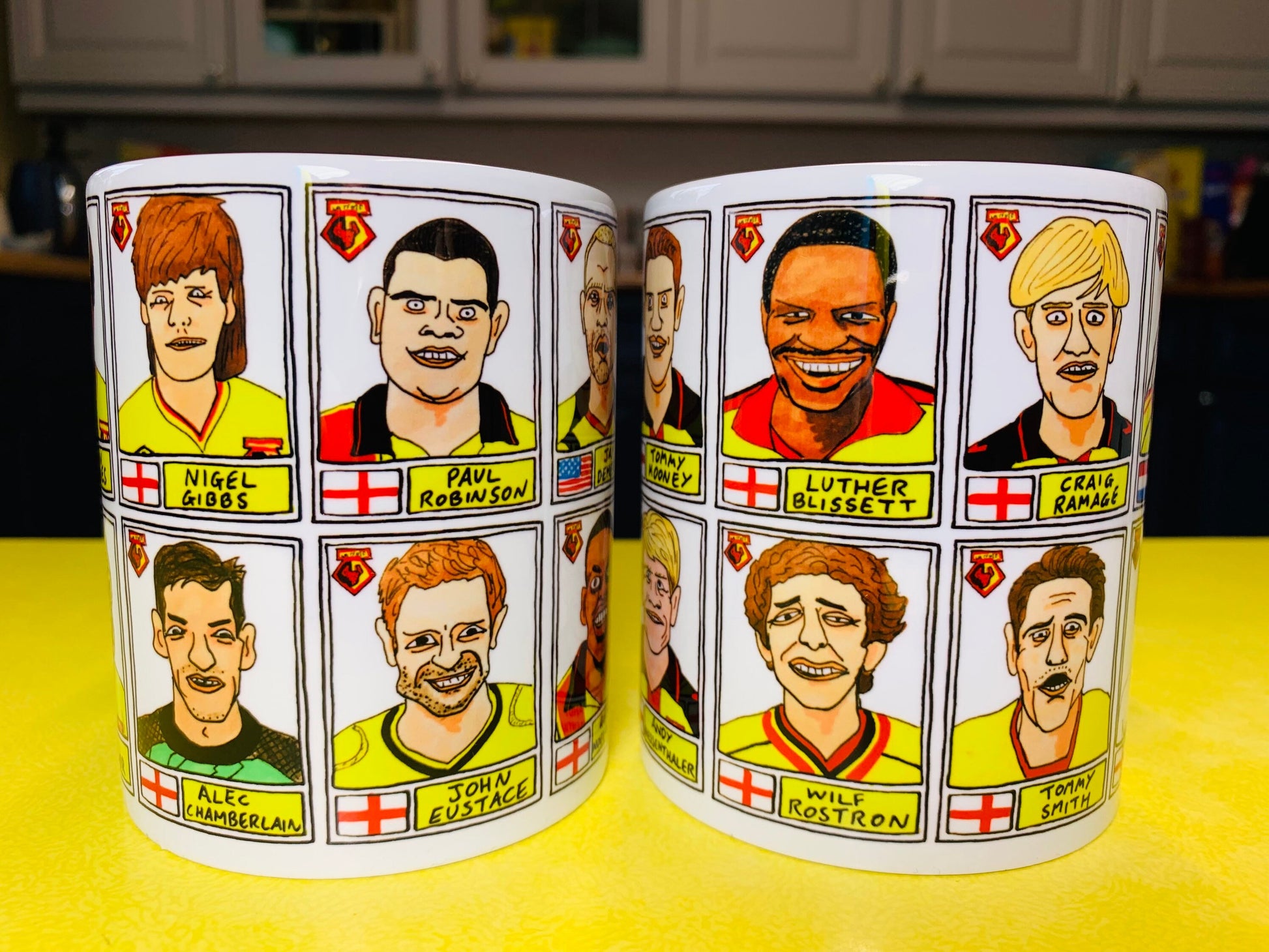 Watford No Score Draws Mug Set - Set of TWO 11oz Ceramic Mugs with Wonky Panini sticker-style Hornets WFC No Score Draws Doodles