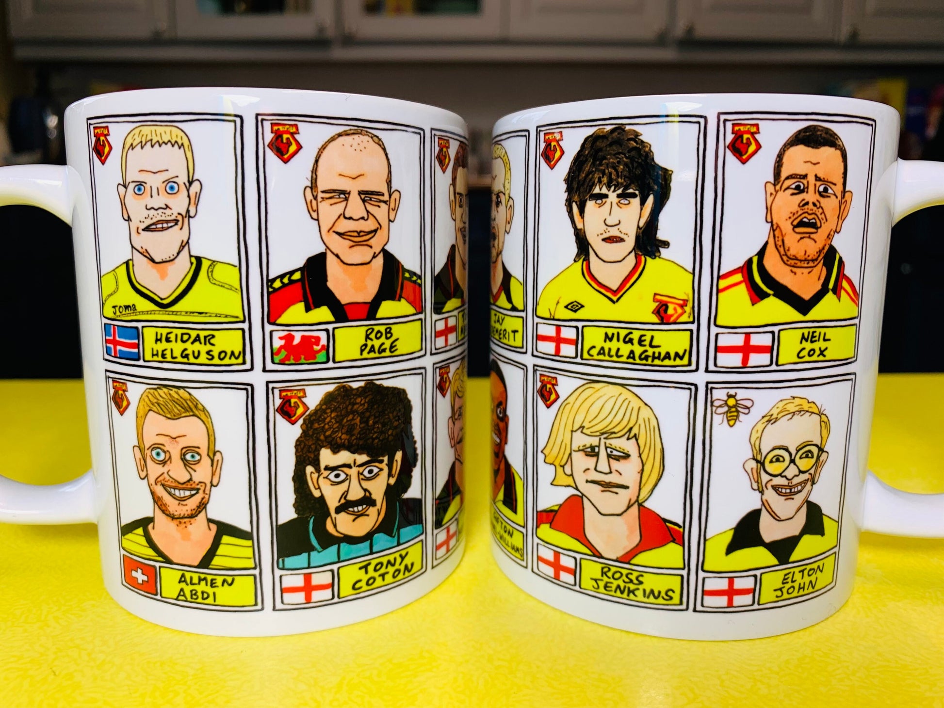 Watford No Score Draws Mug Set - Set of TWO 11oz Ceramic Mugs with Wonky Panini sticker-style Hornets WFC No Score Draws Doodles