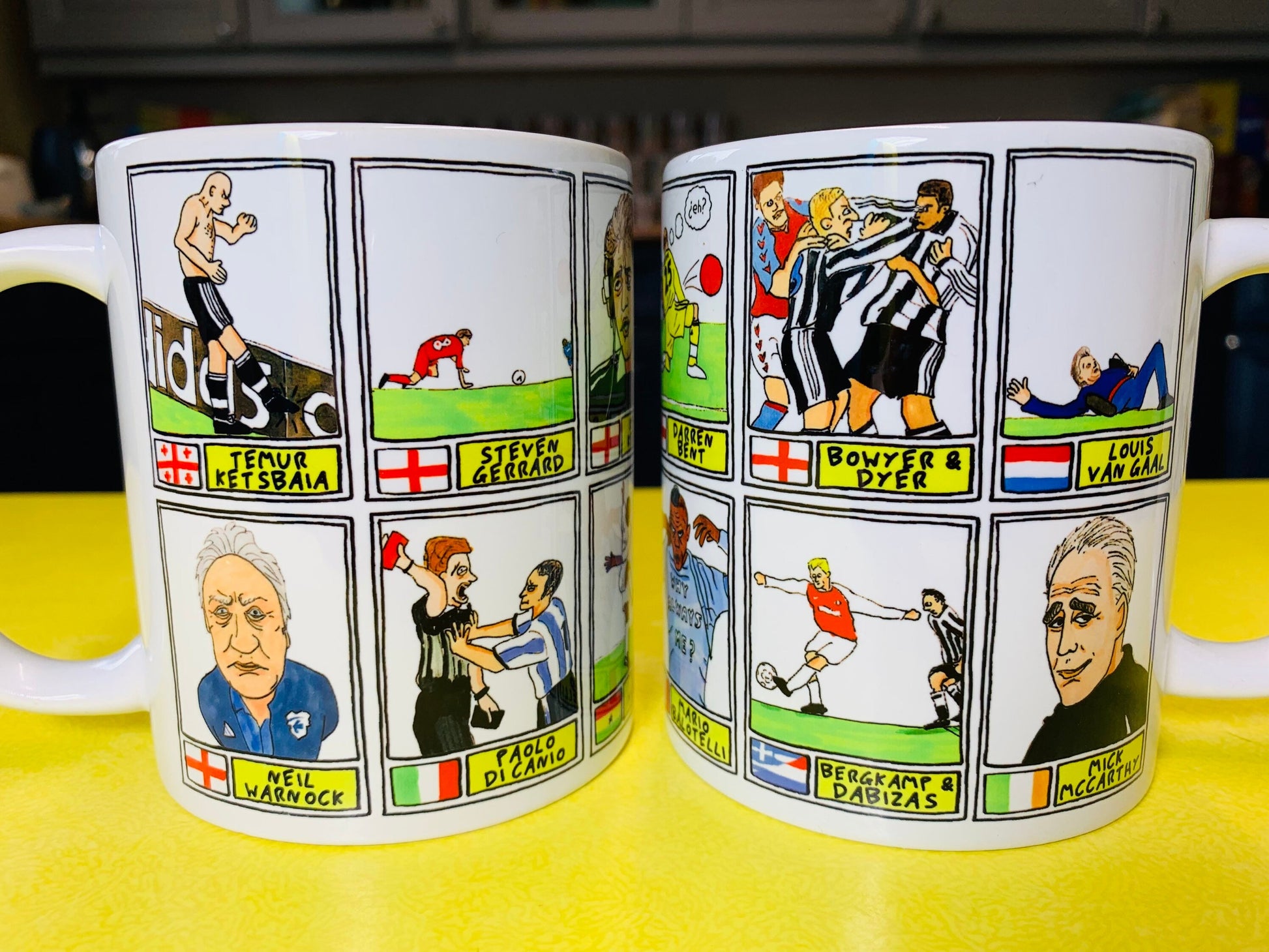 EPL Moments No Score Draws Mug Set - Set of TWO 11oz Ceramic Mugs with Wonky Panini sticker-style EPL icons drawn by No Score Draws Doodles