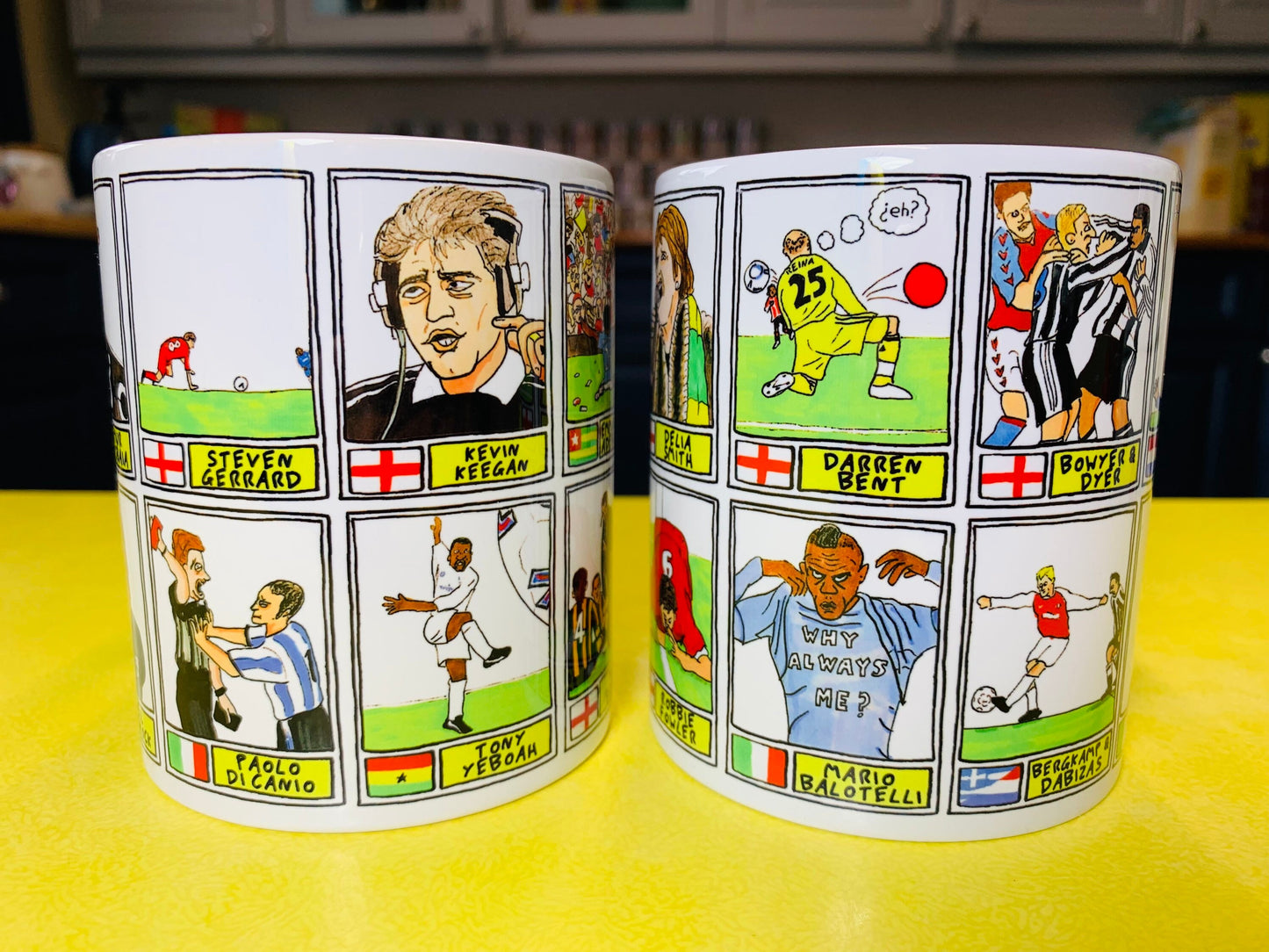 EPL Moments No Score Draws Mug Set - Set of TWO 11oz Ceramic Mugs with Wonky Panini sticker-style EPL icons drawn by No Score Draws Doodles