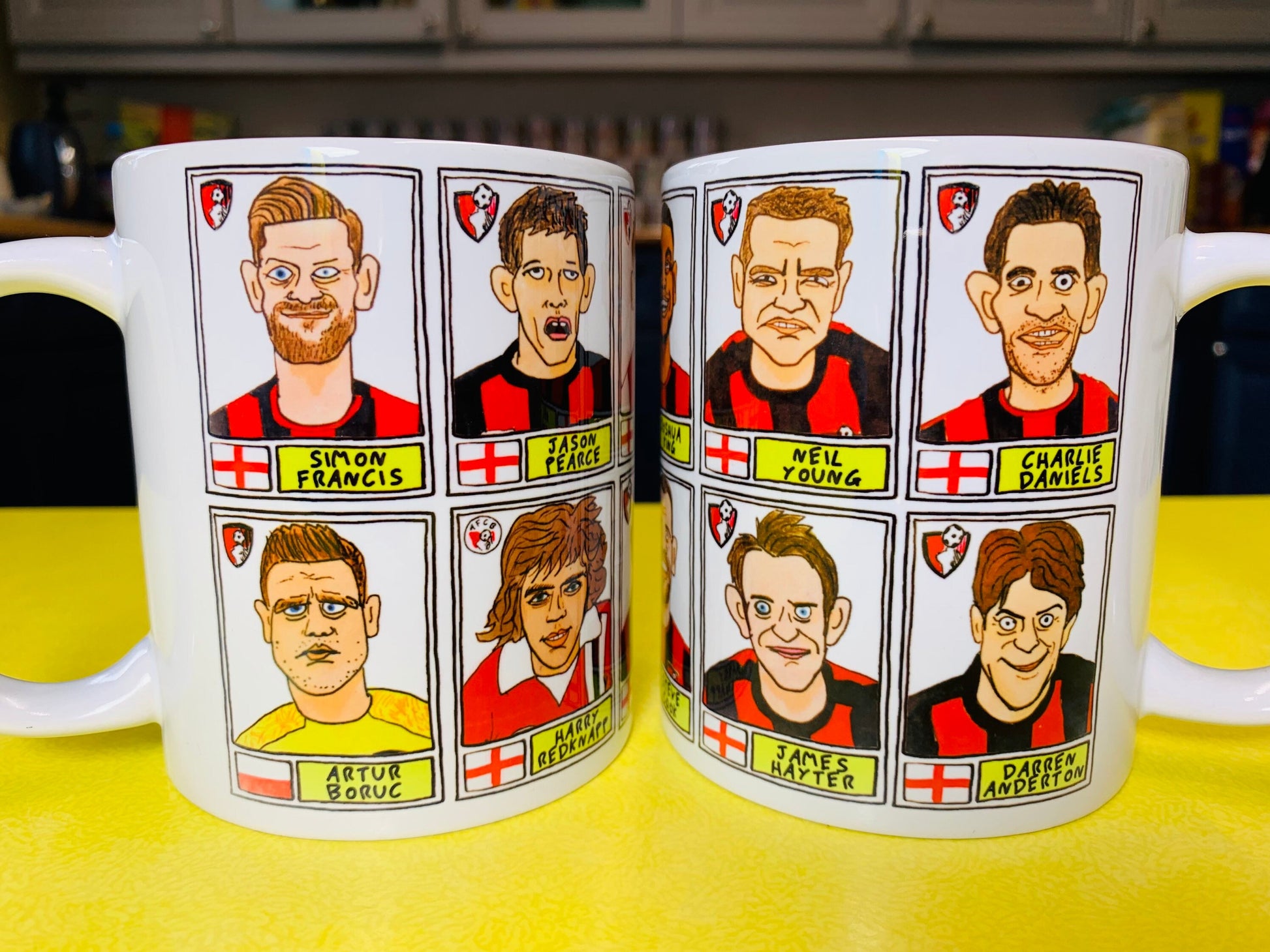 Bournemouth No Score Draws Mug Set - Set of TWO 11oz Ceramic Mugs with Wonky Panini sticker-style AFCB Cherries No Score Draws Doodles