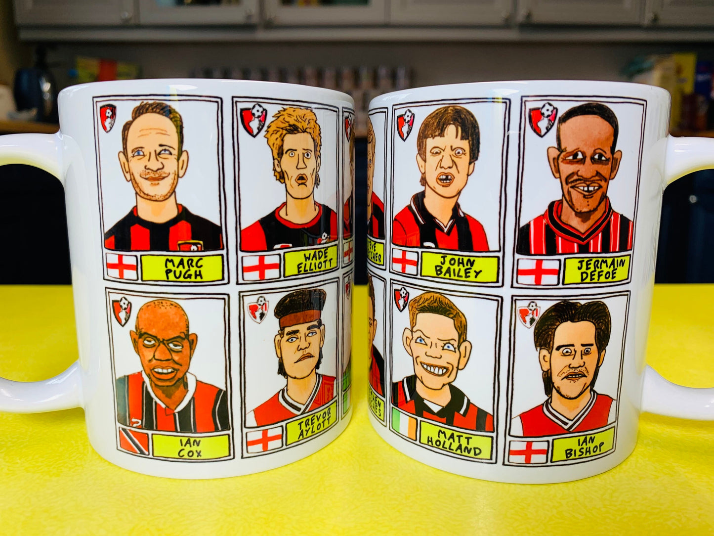 Bournemouth No Score Draws Mug Set - Set of TWO 11oz Ceramic Mugs with Wonky Panini sticker-style AFCB Cherries No Score Draws Doodles