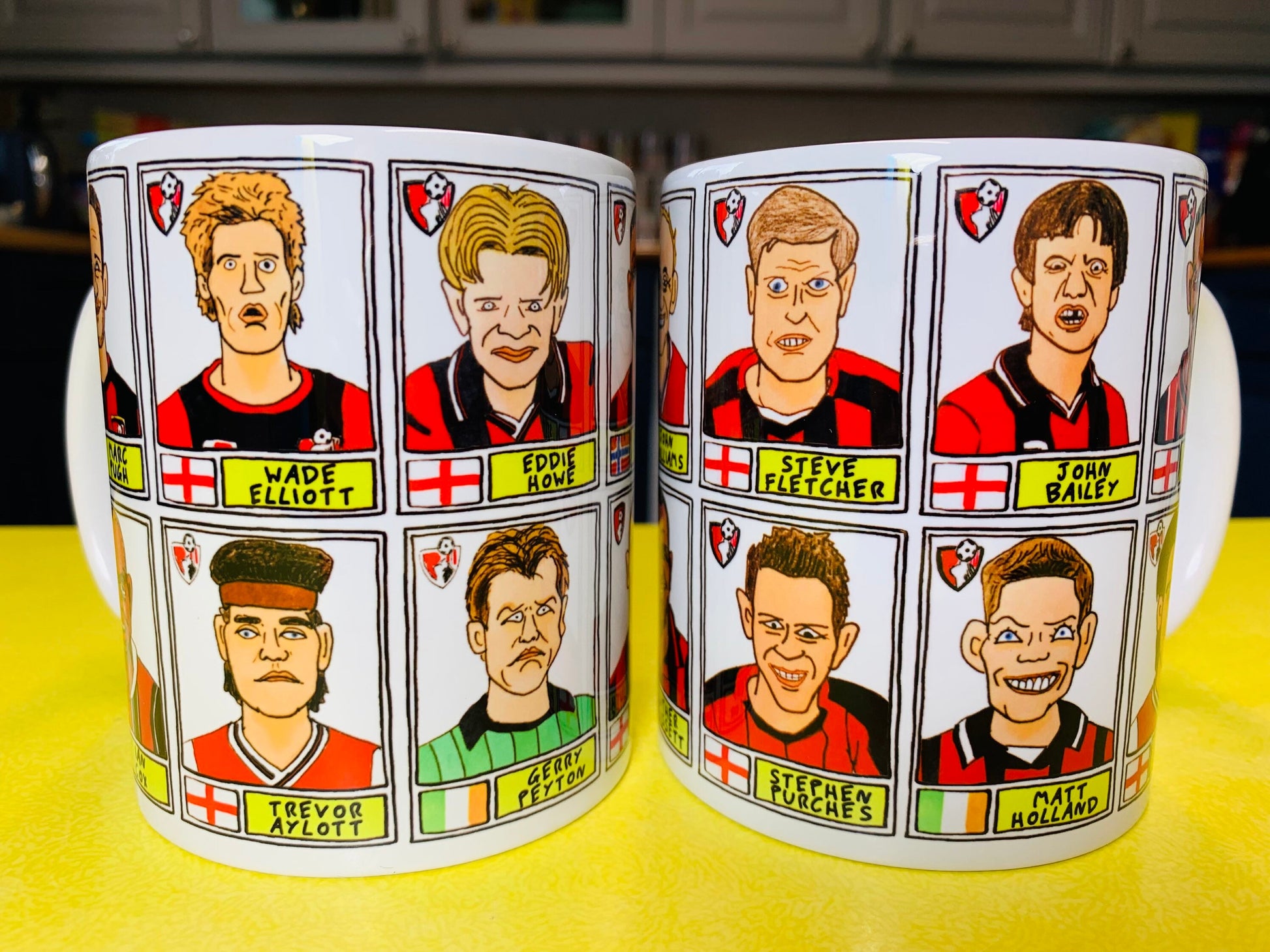 Bournemouth No Score Draws Mug Set - Set of TWO 11oz Ceramic Mugs with Wonky Panini sticker-style AFCB Cherries No Score Draws Doodles