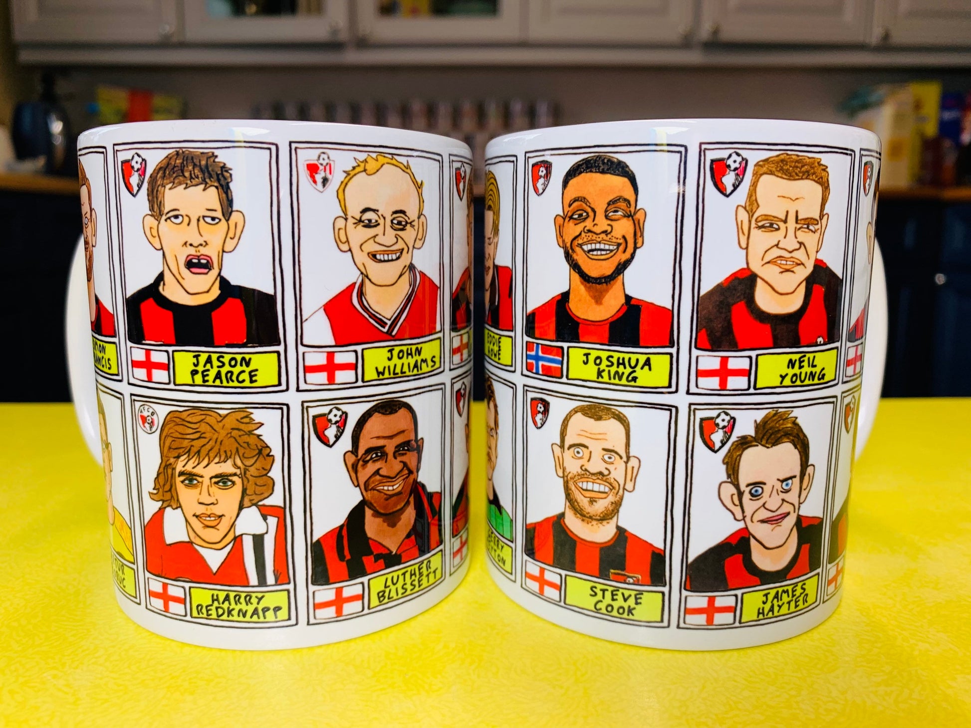 Bournemouth No Score Draws Mug Set - Set of TWO 11oz Ceramic Mugs with Wonky Panini sticker-style AFCB Cherries No Score Draws Doodles