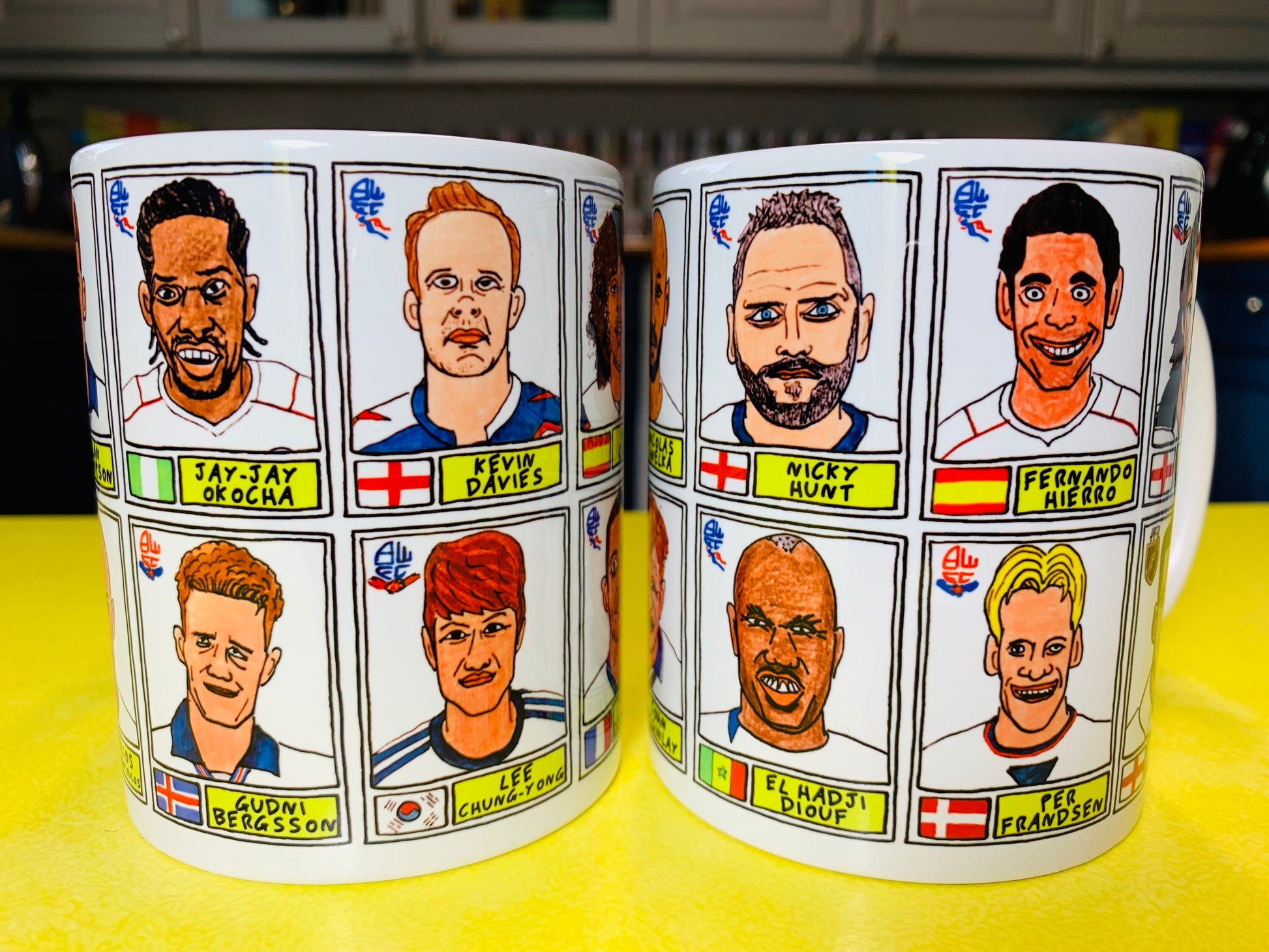 Bolton Wanderers No Score Draws Mug Set - Set of TWO 11oz Ceramic Mugs with Wonky Panini sticker-style No Score Draws Doodles of BWFC icons