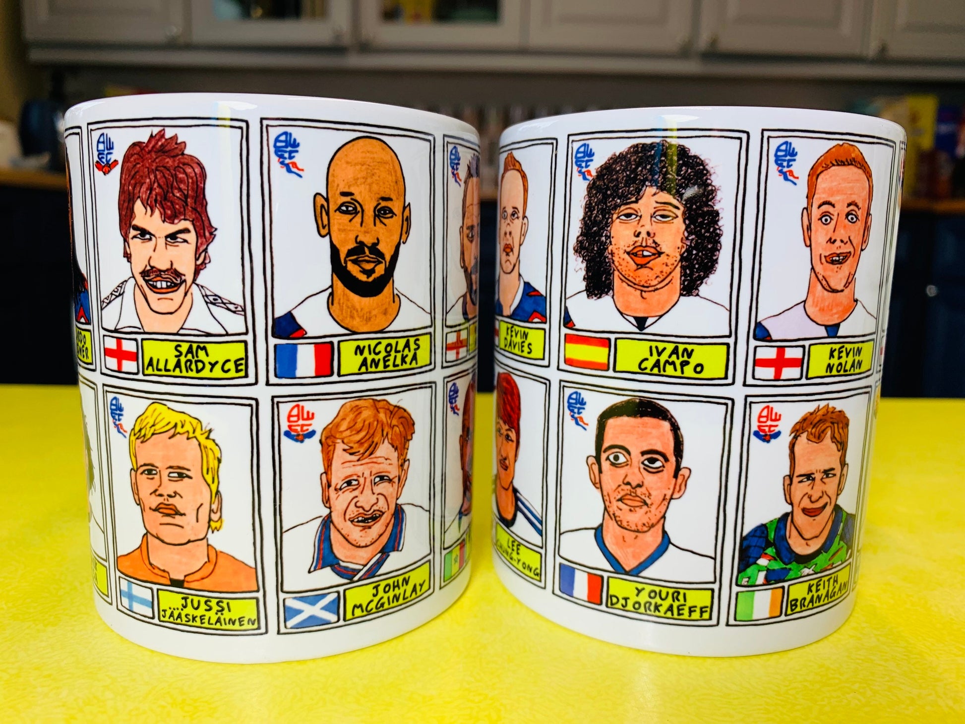 Bolton Wanderers No Score Draws Mug Set - Set of TWO 11oz Ceramic Mugs with Wonky Panini sticker-style No Score Draws Doodles of BWFC icons
