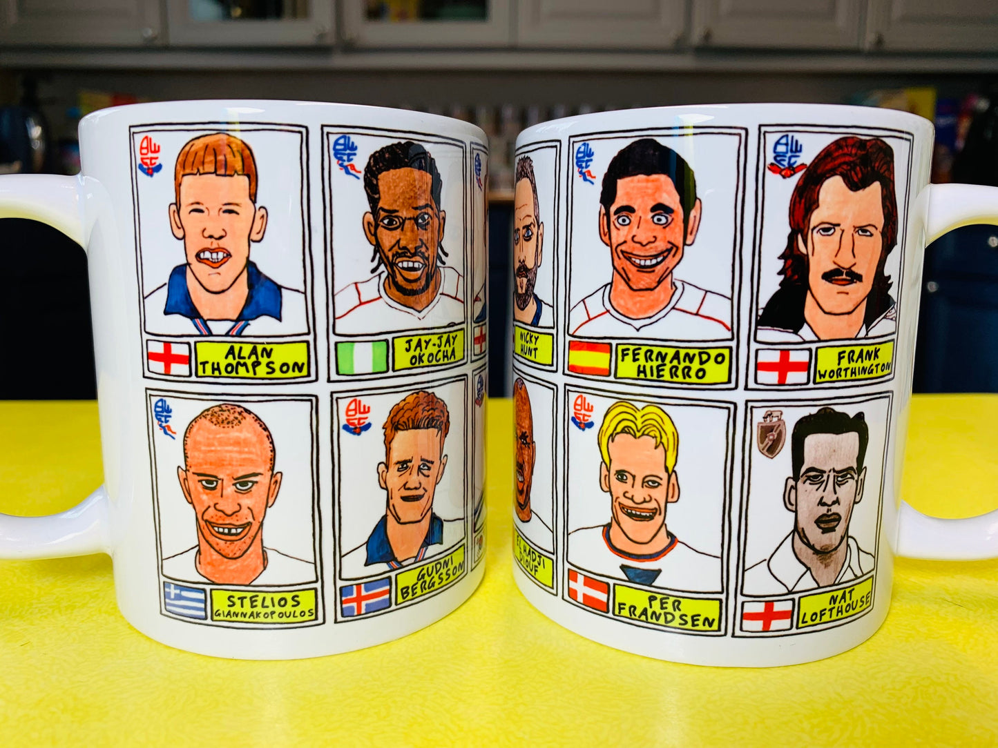 Bolton Wanderers No Score Draws Mug Set - Set of TWO 11oz Ceramic Mugs with Wonky Panini sticker-style No Score Draws Doodles of BWFC icons
