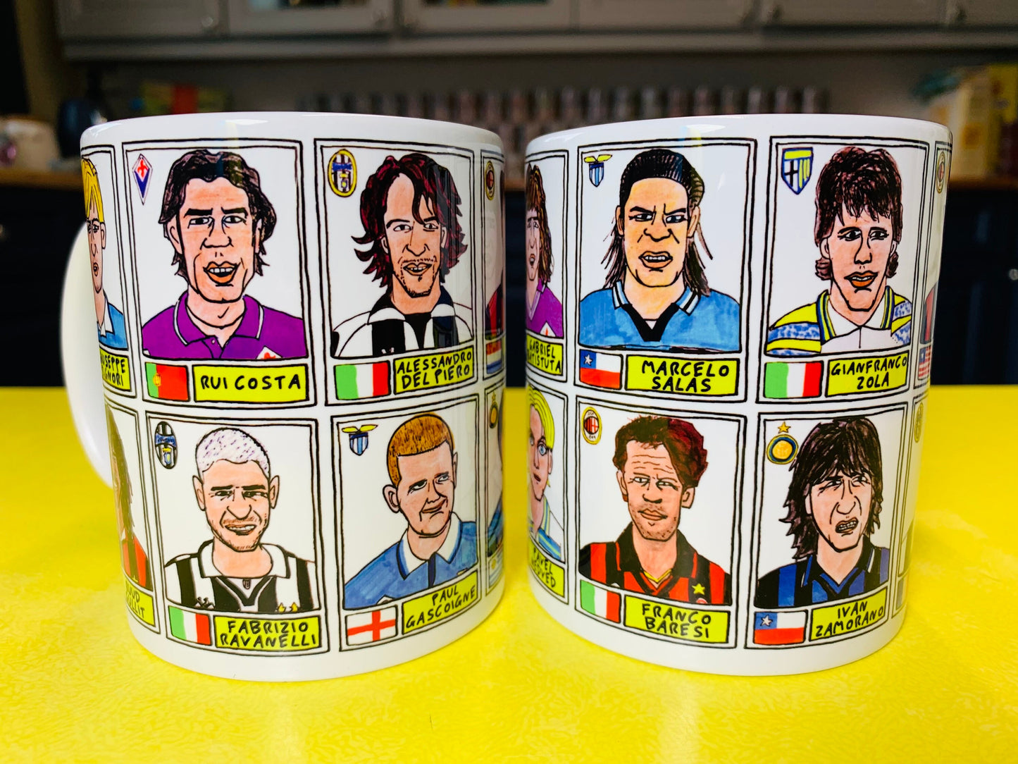 Football Italia No Score Draws Mug Set - Set of TWO 11oz Ceramic Mugs with Wonky Panini sticker-style 90s Serie 'A' No Score Draws Doodles