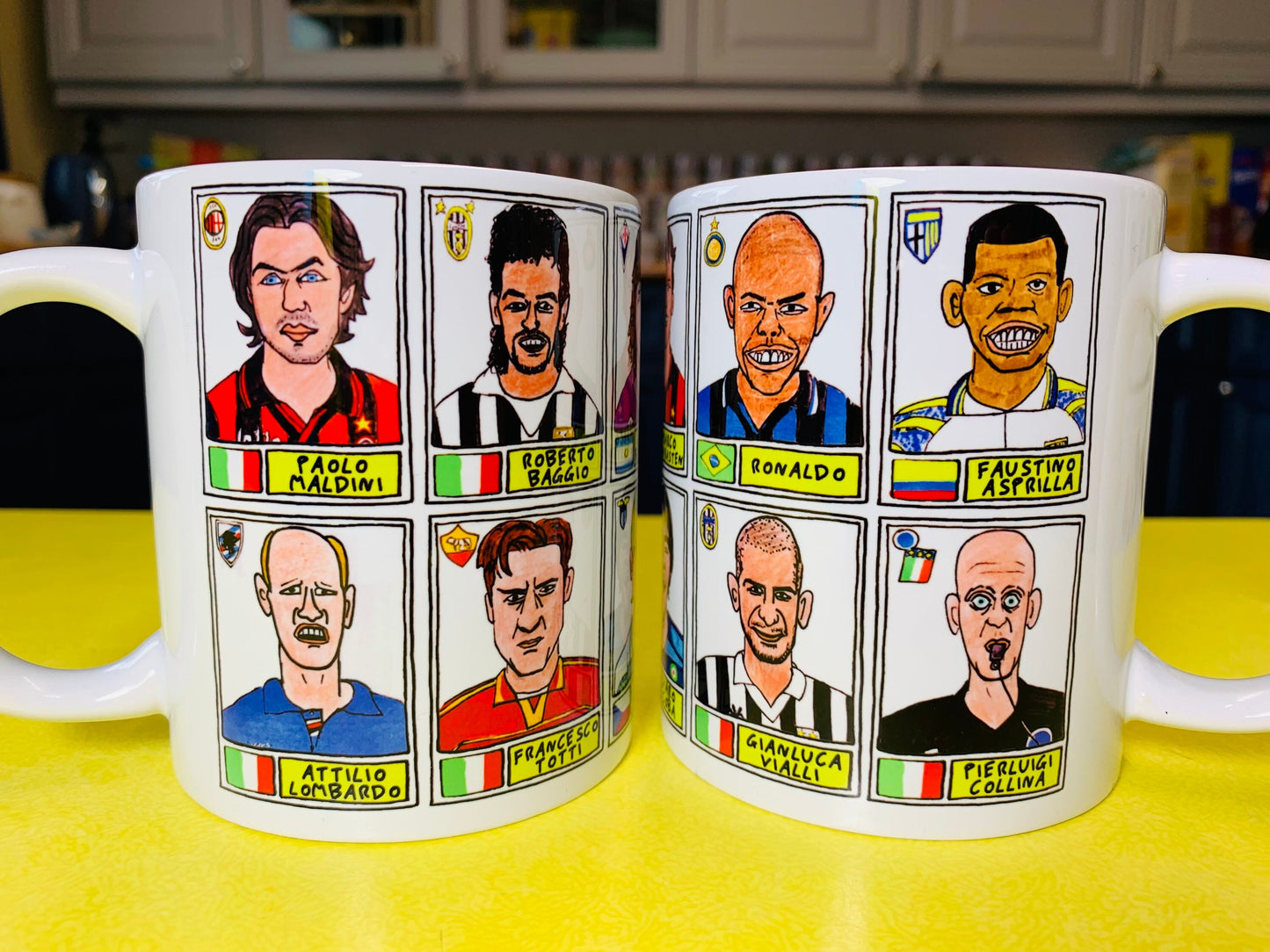 Football Italia No Score Draws Mug Set - Set of TWO 11oz Ceramic Mugs with Wonky Panini sticker-style 90s Serie 'A' No Score Draws Doodles