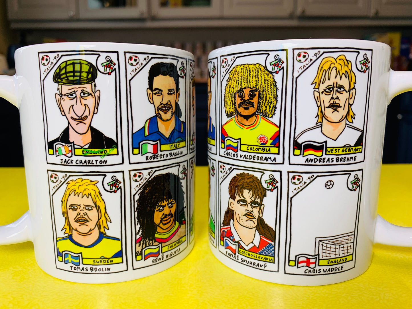 Italia '90 No Score Draws Mug Set - Set of TWO 11oz Ceramic Mugs with Wonky Panini sticker-style World Cup Italia '90 No Score Draws Doodles