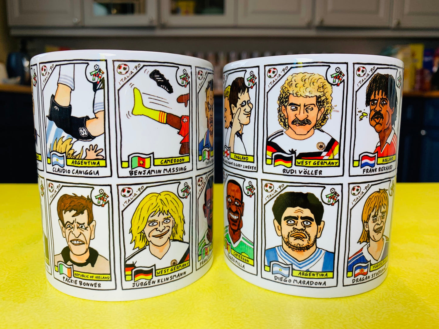 Italia '90 No Score Draws Mug Set - Set of TWO 11oz Ceramic Mugs with Wonky Panini sticker-style World Cup Italia '90 No Score Draws Doodles