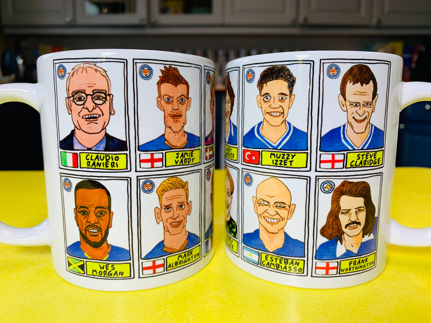 Leicester City No Score Draws Mug Set - Set of TWO 11oz Ceramic Mugs with Wonky Panini sticker-style No Score Draws Doodles of Foxes icons