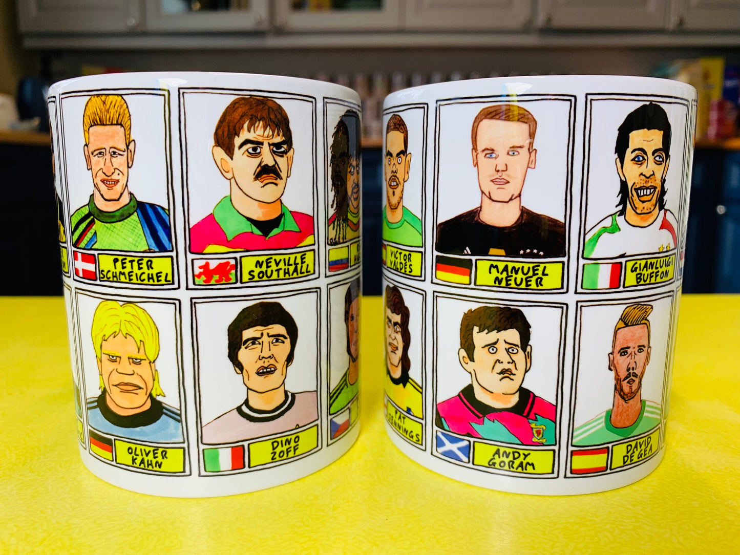 Goalkeeping Icons No Score Draws Mug Set - Set of TWO 11oz Ceramic Mugs with Wonky Panini sticker-style No Score Draws Doodles of GK icons