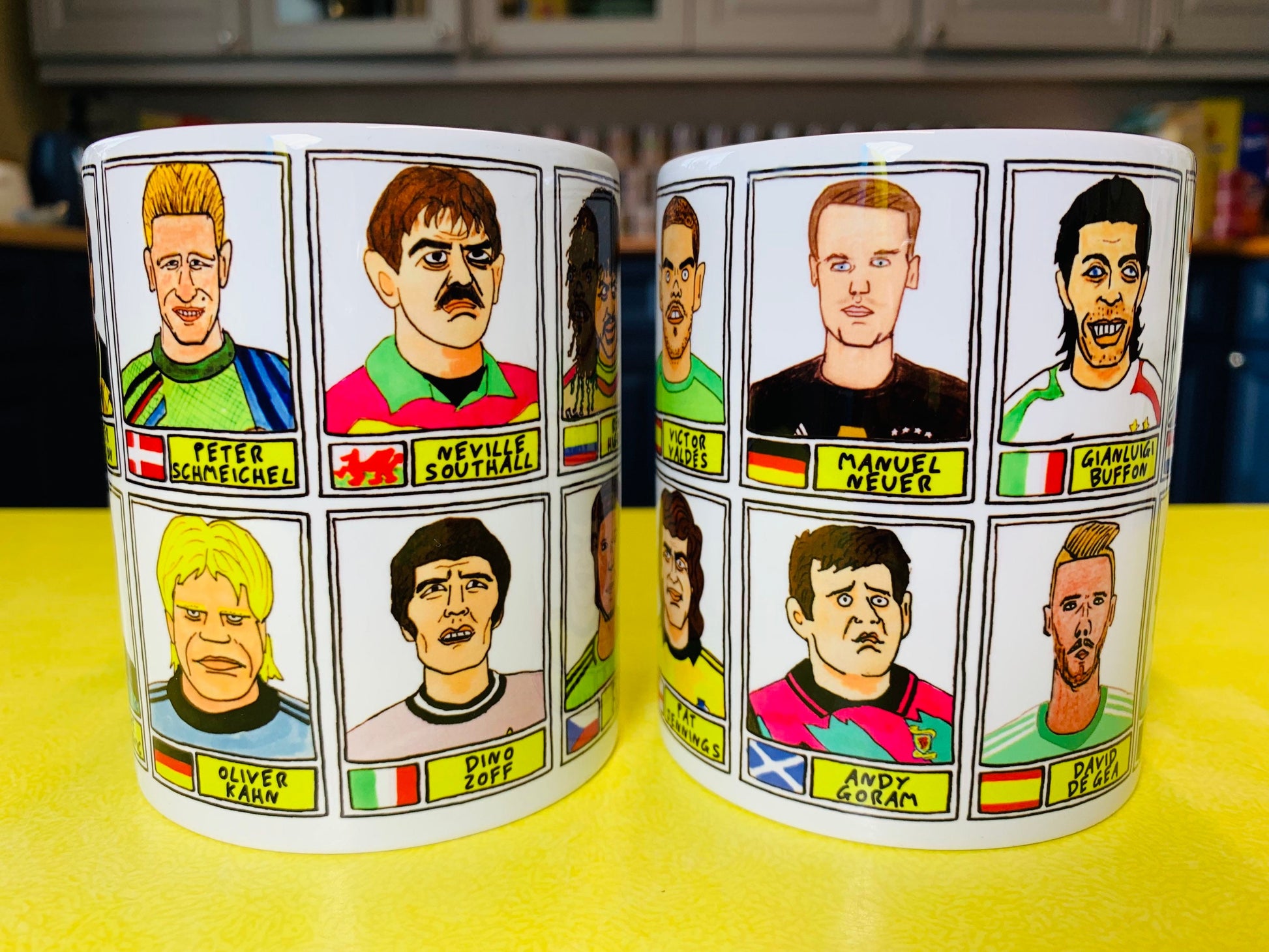Goalkeeping Icons No Score Draws Mug Set - Set of TWO 11oz Ceramic Mugs with Wonky Panini sticker-style No Score Draws Doodles of GK icons