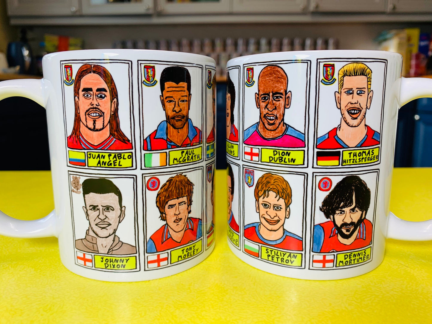 Aston Villa No Score Draws Mug Set - Set of TWO 11oz Ceramic Mugs with Wonky Panini sticker-style AVFC Villains No Score Draws Doodles