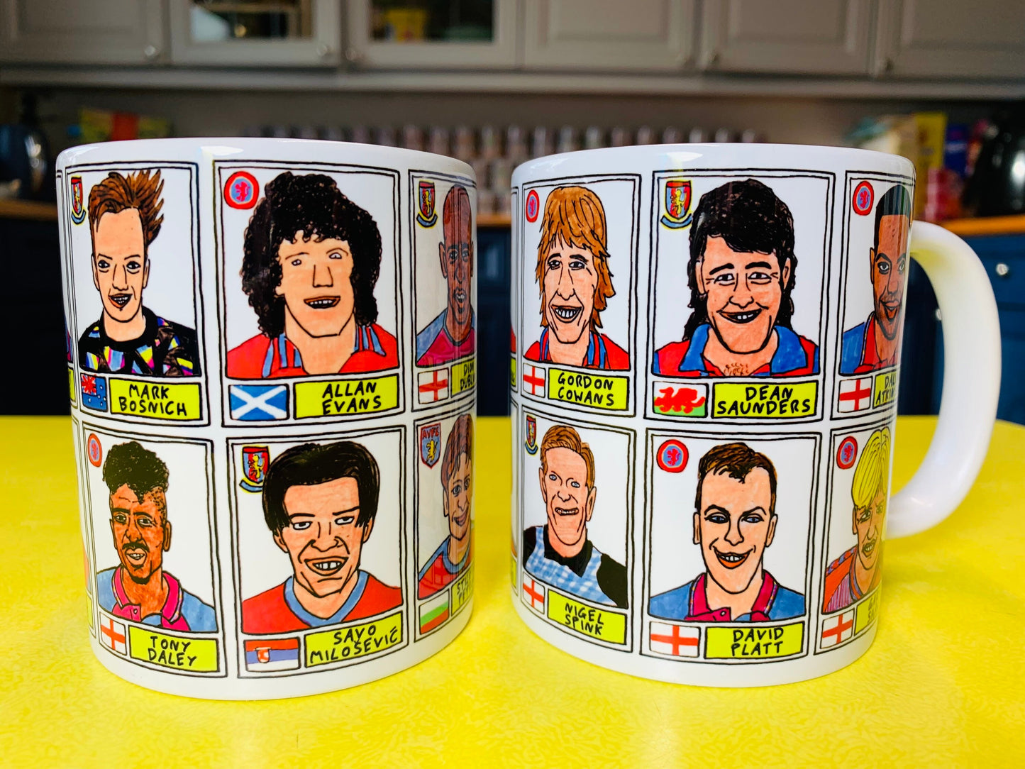 Aston Villa No Score Draws Mug Set - Set of TWO 11oz Ceramic Mugs with Wonky Panini sticker-style AVFC Villains No Score Draws Doodles