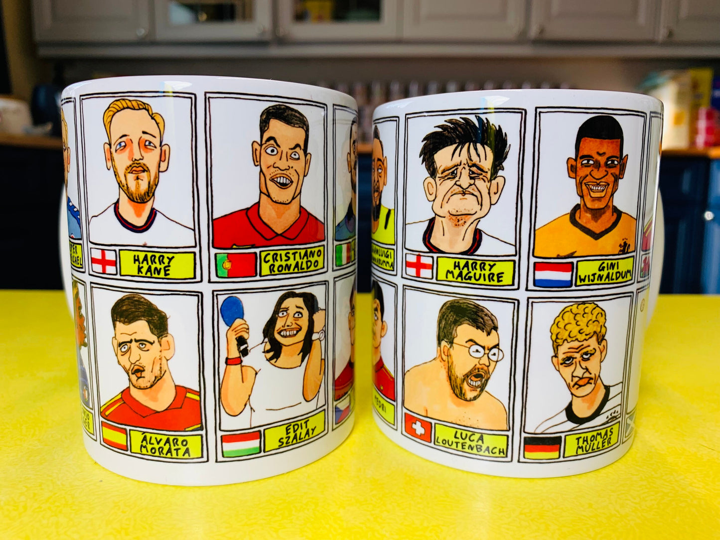 Euro 2020 No Score Draws Mug Set - Set of TWO 11oz Ceramic Mugs with 24 Wonky Panini sticker-style Euro 2020 No Score Draws Doodles