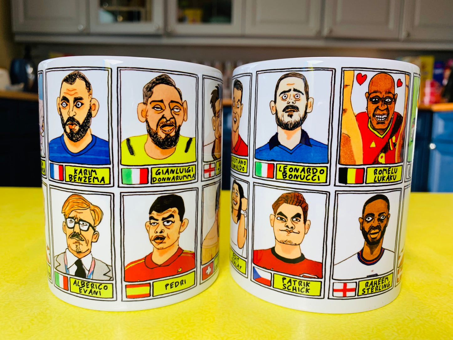 Euro 2020 No Score Draws Mug Set - Set of TWO 11oz Ceramic Mugs with 24 Wonky Panini sticker-style Euro 2020 No Score Draws Doodles