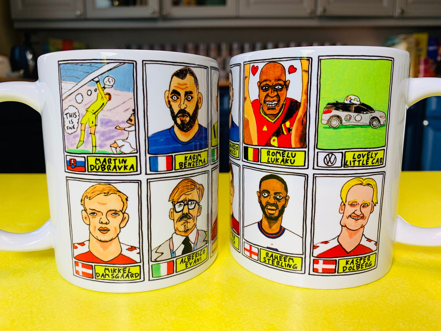 Euro 2020 No Score Draws Mug Set - Set of TWO 11oz Ceramic Mugs with 24 Wonky Panini sticker-style Euro 2020 No Score Draws Doodles