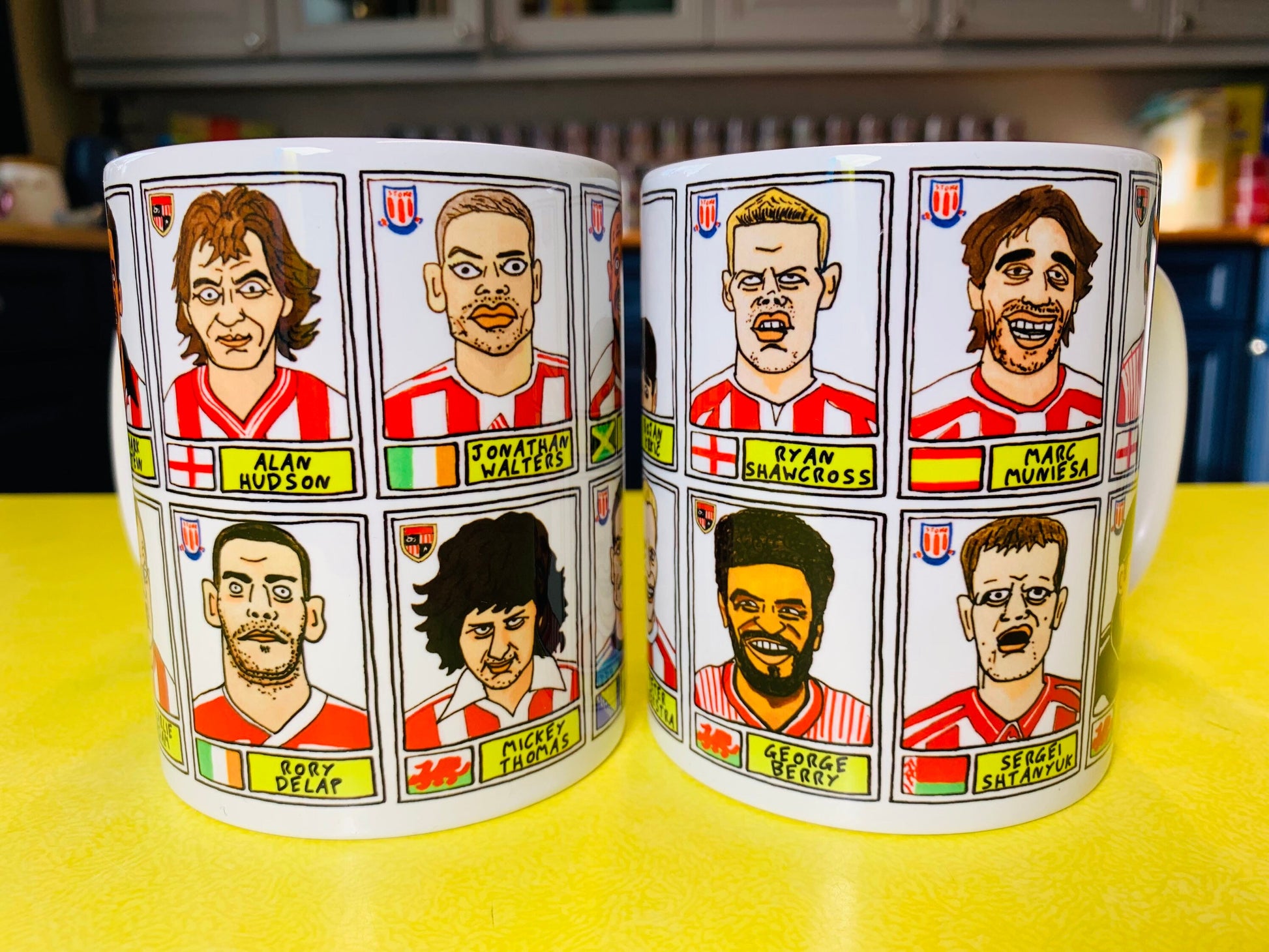 Stoke City No Score Draws Mug Set - Set of TWO 11oz Ceramic Mugs with Wonky Panini sticker-style No Score Draws Doodles of 24 Potters icons