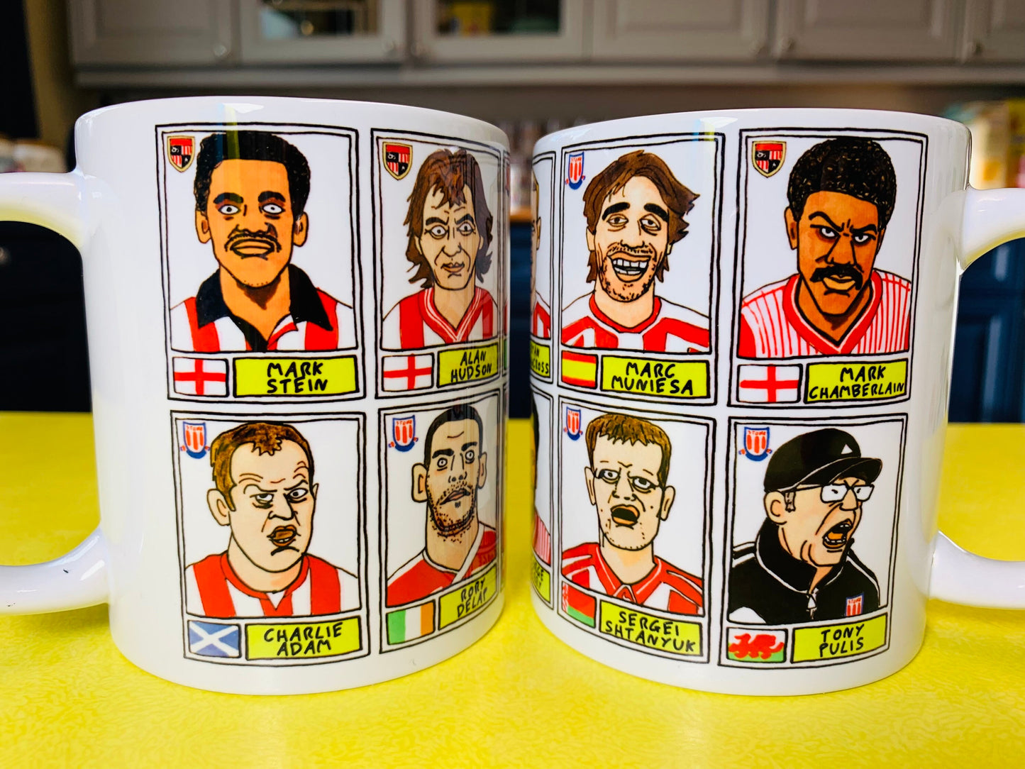 Stoke City No Score Draws Mug Set - Set of TWO 11oz Ceramic Mugs with Wonky Panini sticker-style No Score Draws Doodles of 24 Potters icons