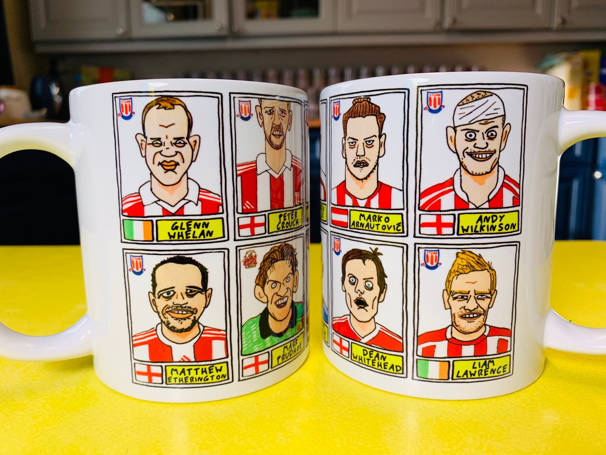 Stoke City No Score Draws Mug Set - Set of TWO 11oz Ceramic Mugs with Wonky Panini sticker-style No Score Draws Doodles of 24 Potters icons