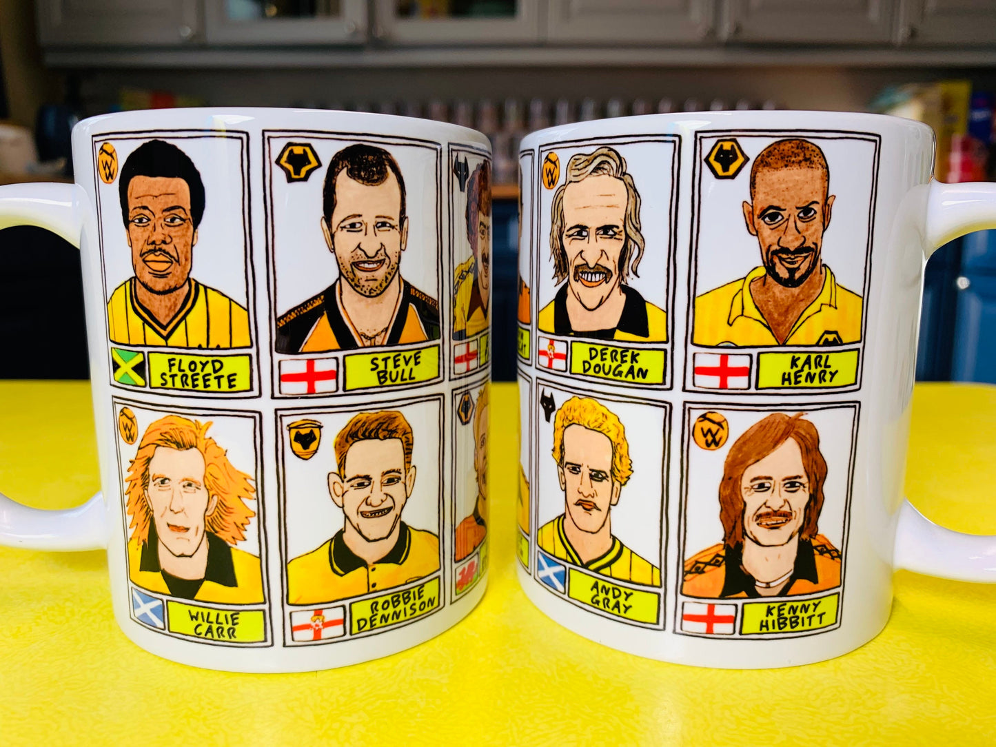 Wolves No Score Draws Mug Set - Set of TWO 11oz Ceramic Mugs with Wonky Panini sticker-style WWFC No Score Draws Doodles