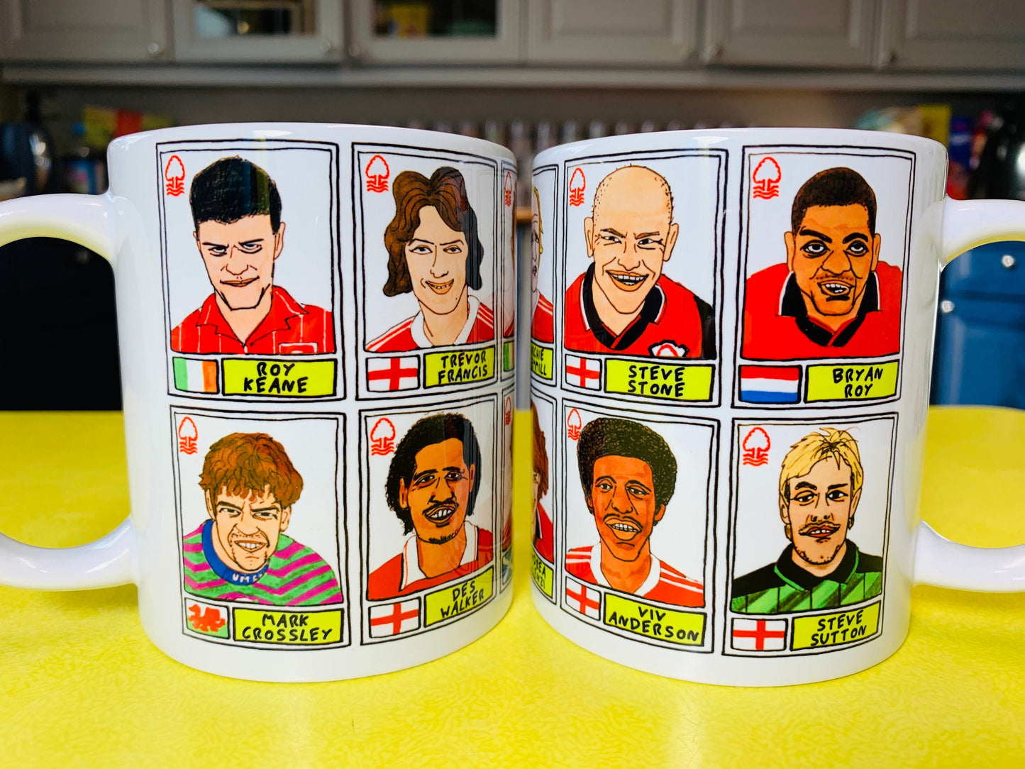 Nottingham Forest - Set of TWO 11oz Ceramic Mugs with Wonky Panini sticker-style No Score Draws Doodles of 24 NFFC icons